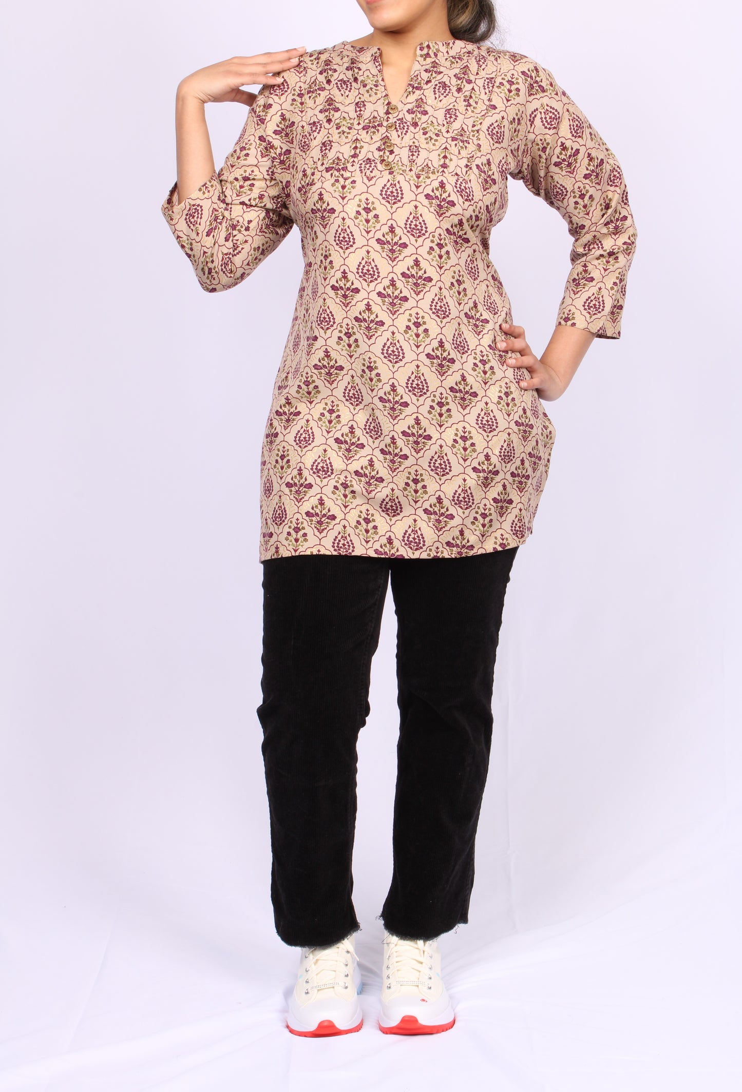 206-T- Beige Floral Print top- V-Neck