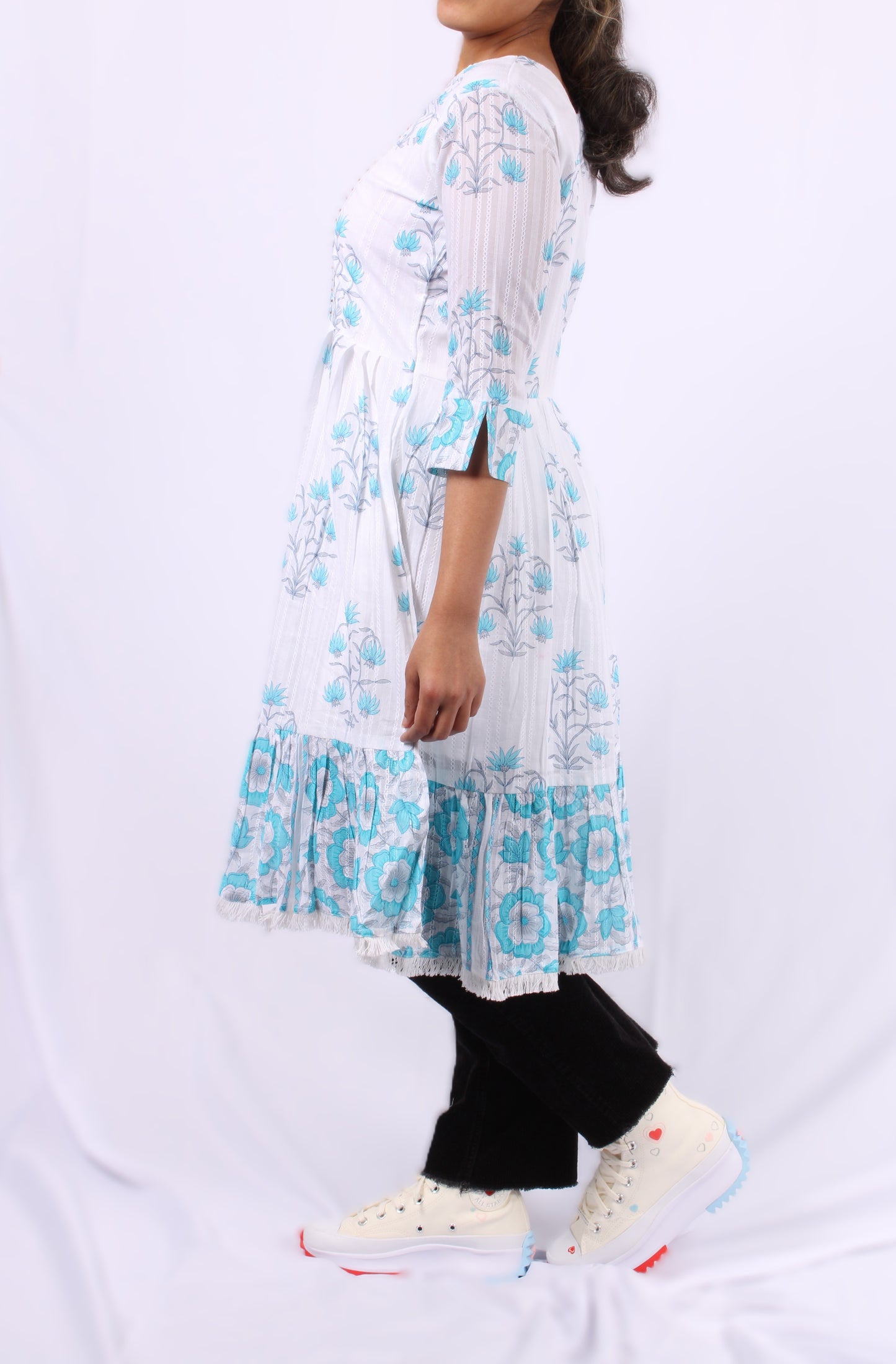 48-Kurti - Thread Embroidery around neck - Light Blue Floral Print.