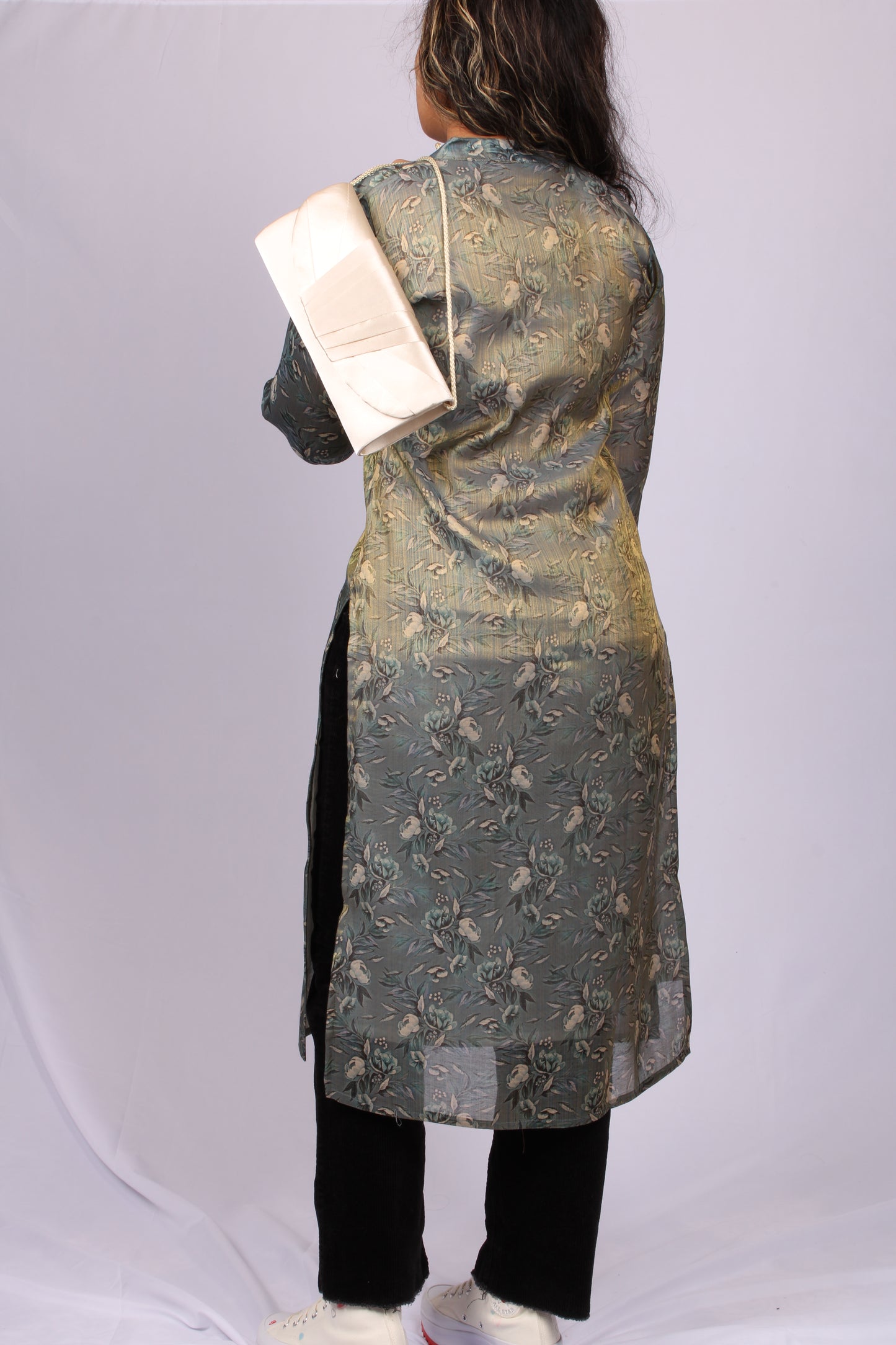 147-Kurti - Green Floral with White Flower print.