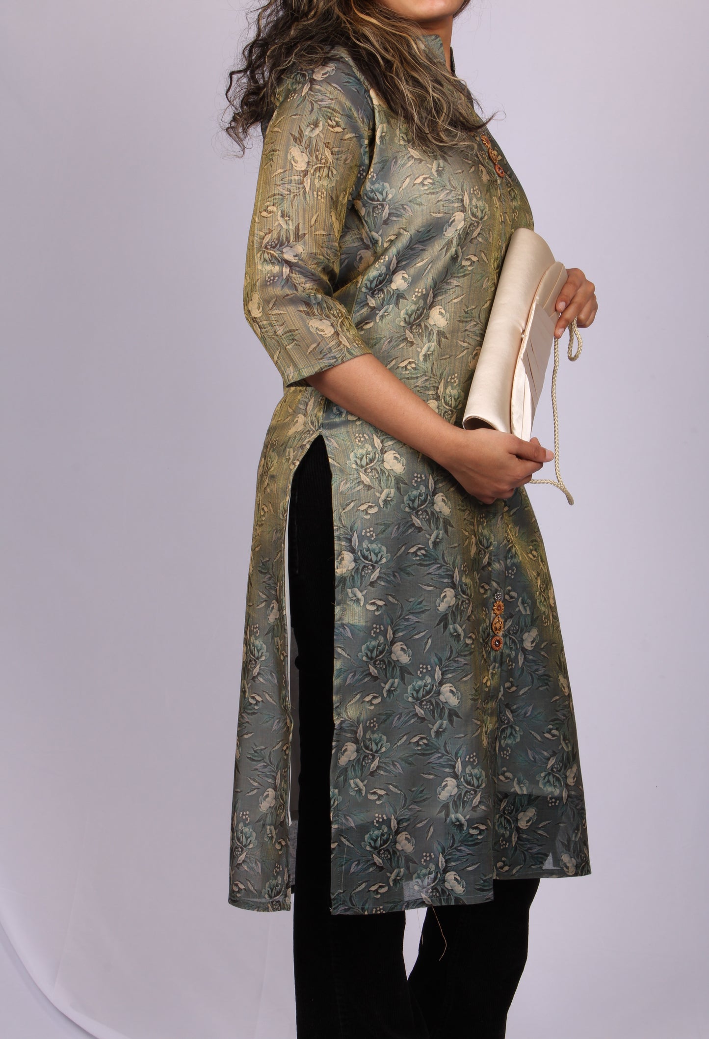 147-Kurti - Green Floral with White Flower print.