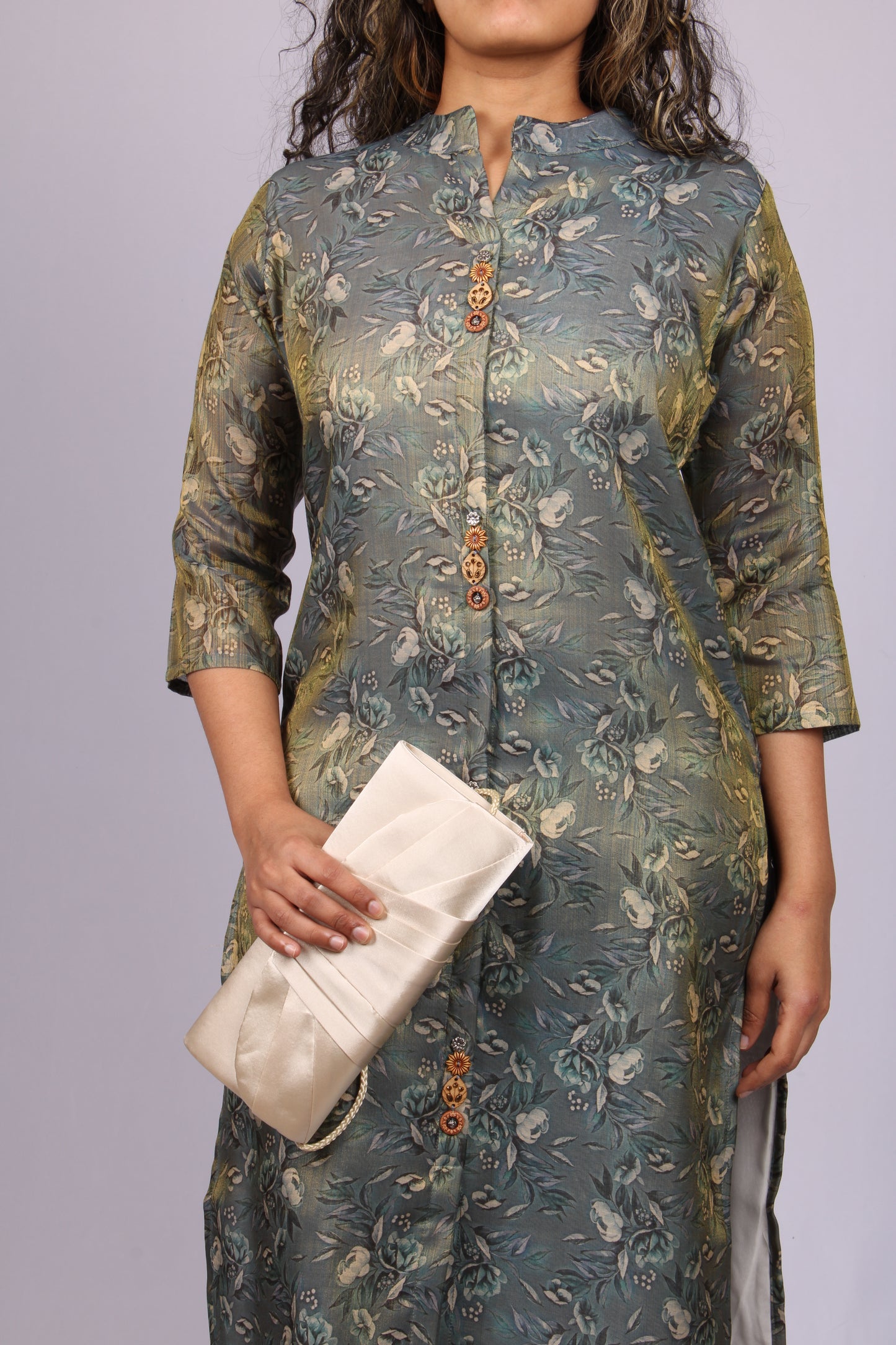 147-Kurti - Green Floral with White Flower print.