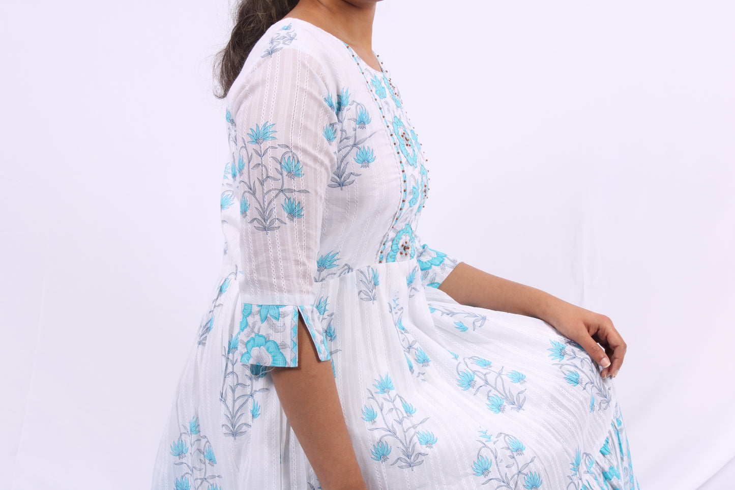 48-Kurti - Thread Embroidery around neck - Light Blue Floral Print.