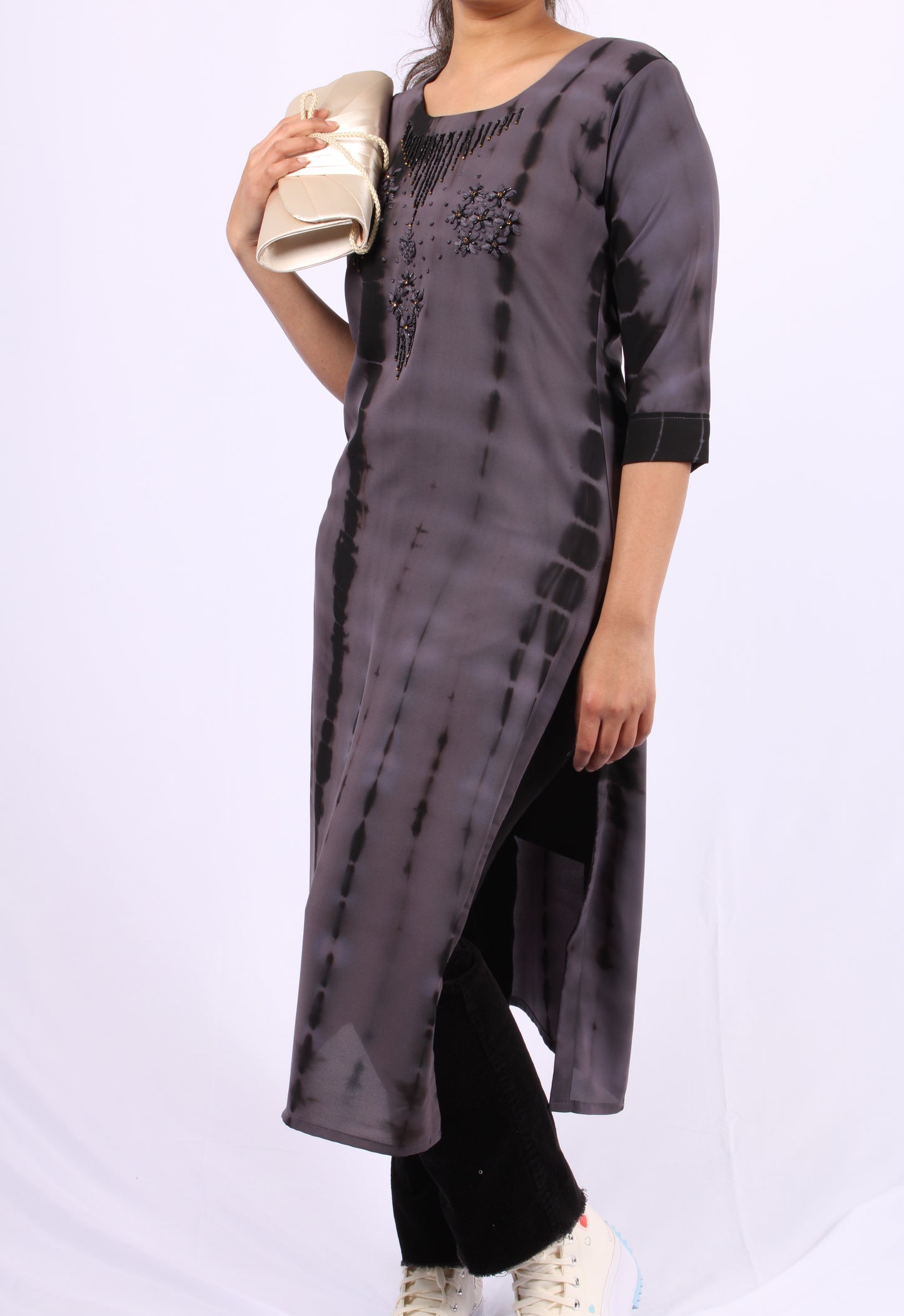 186-Kurti - Black beads Floral Embroidery.