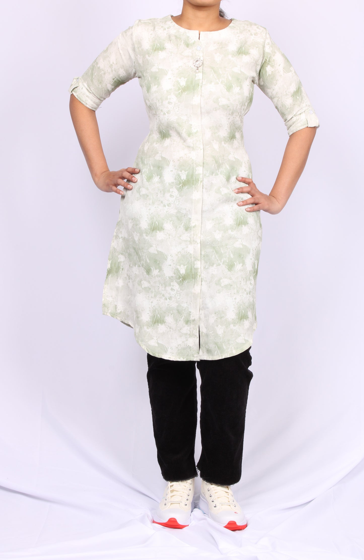 26-Kurti - Medium Green Floral Half Sleeve Kurti.