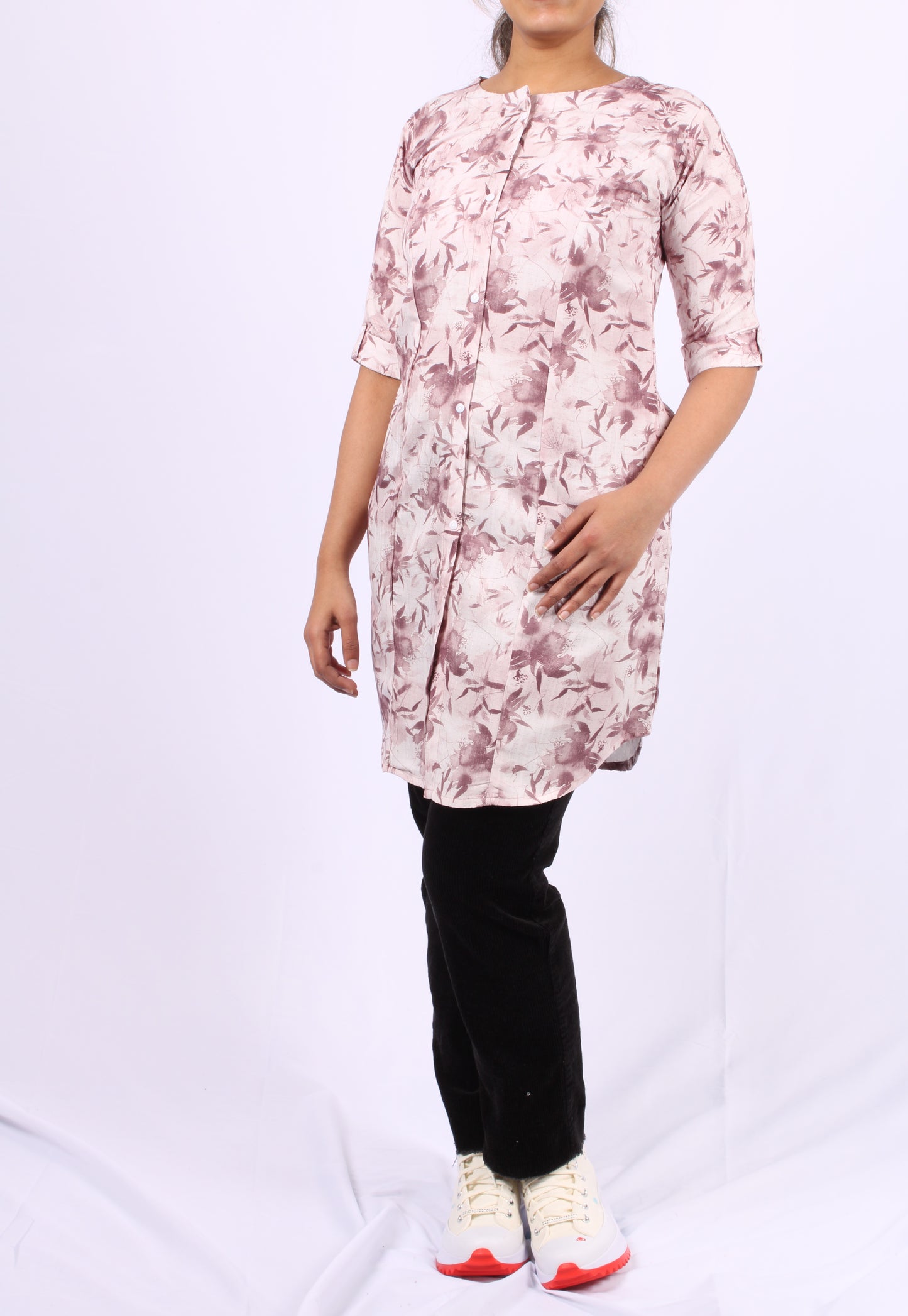 105-Kurti - Brown Floral Print Short Kurti