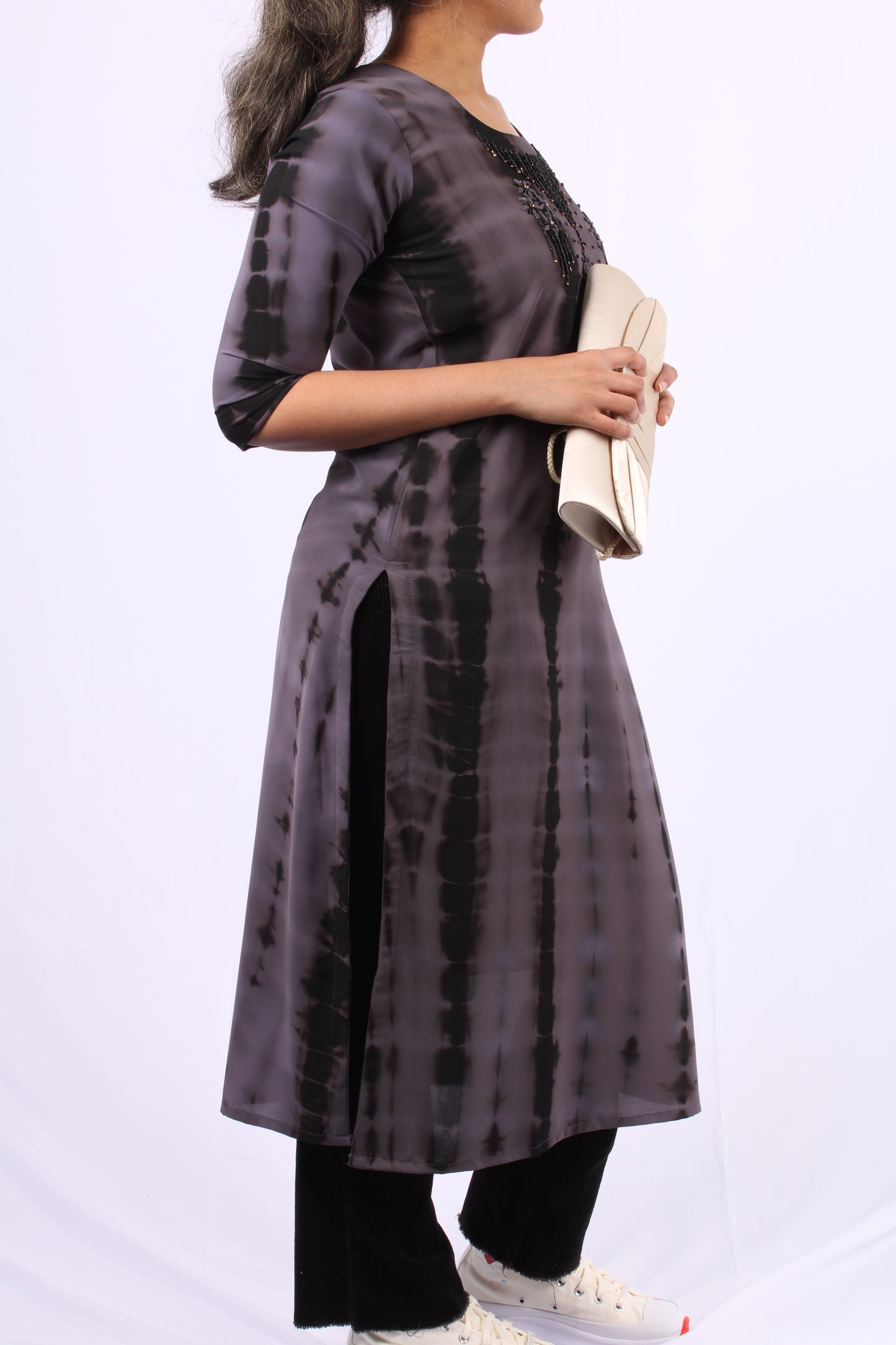 186-Kurti - Black beads Floral Embroidery.