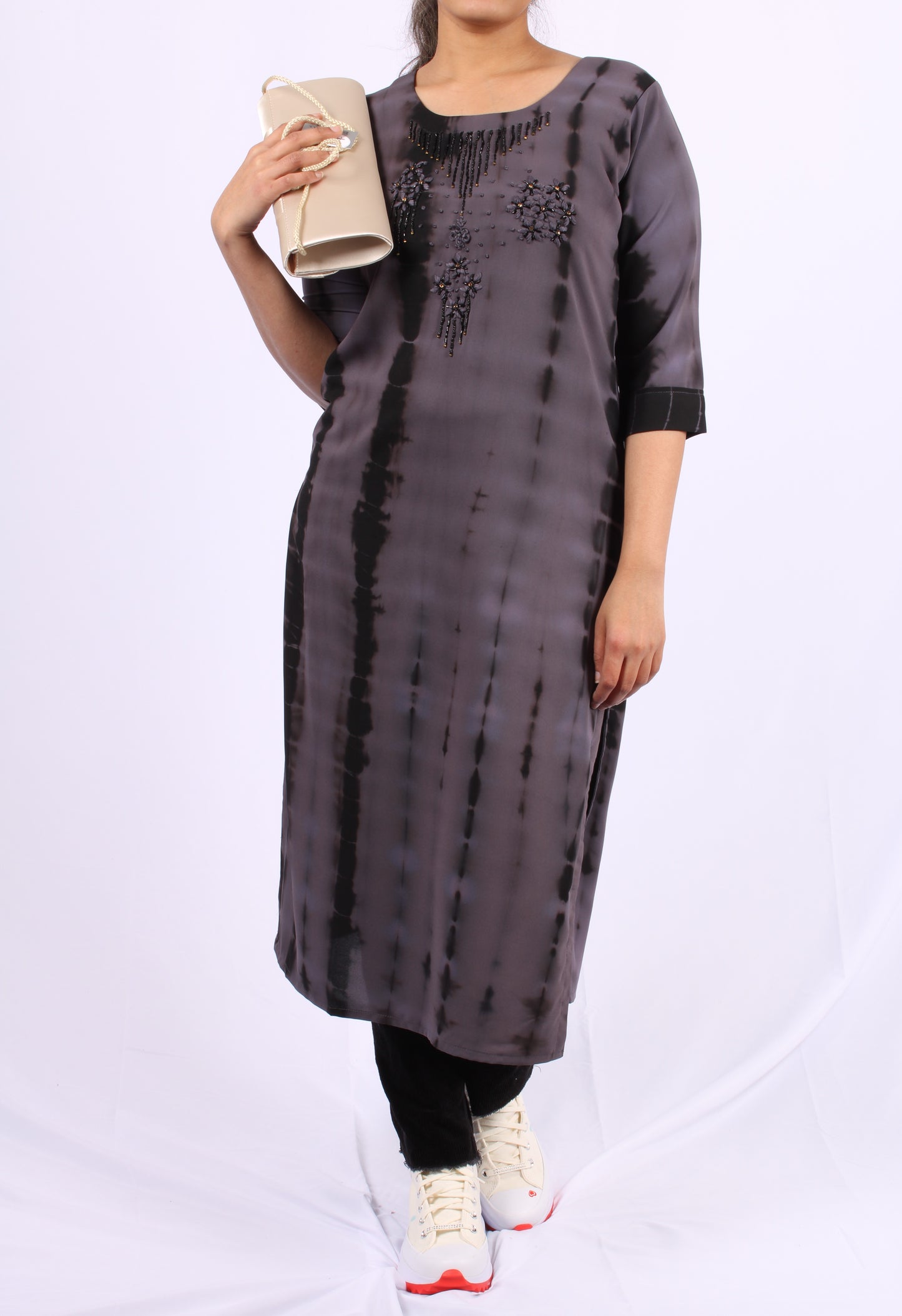 186-Kurti - Black beads Floral Embroidery.