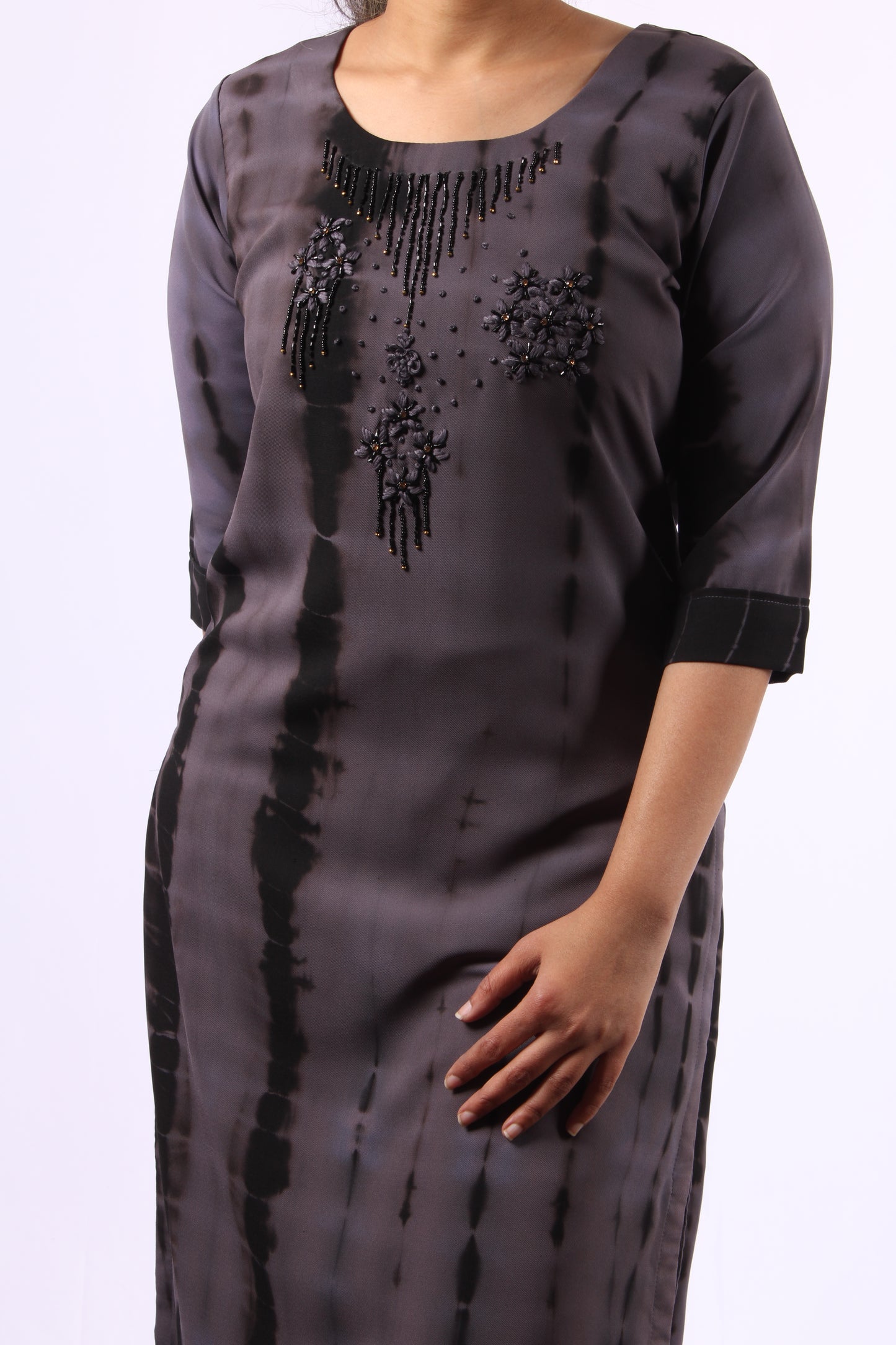 186-Kurti - Black beads Floral Embroidery.
