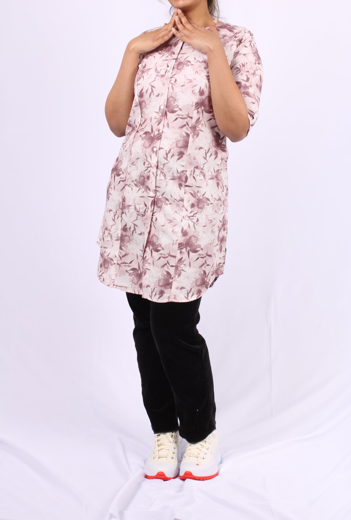 105-Kurti - Brown Floral Print Short Kurti
