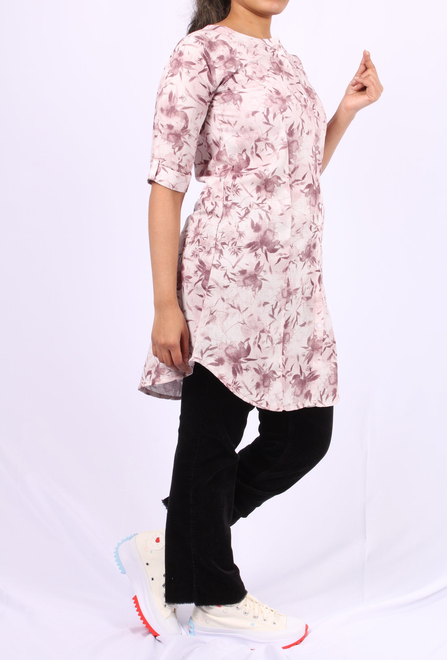 105-Kurti - Brown Floral Print Short Kurti