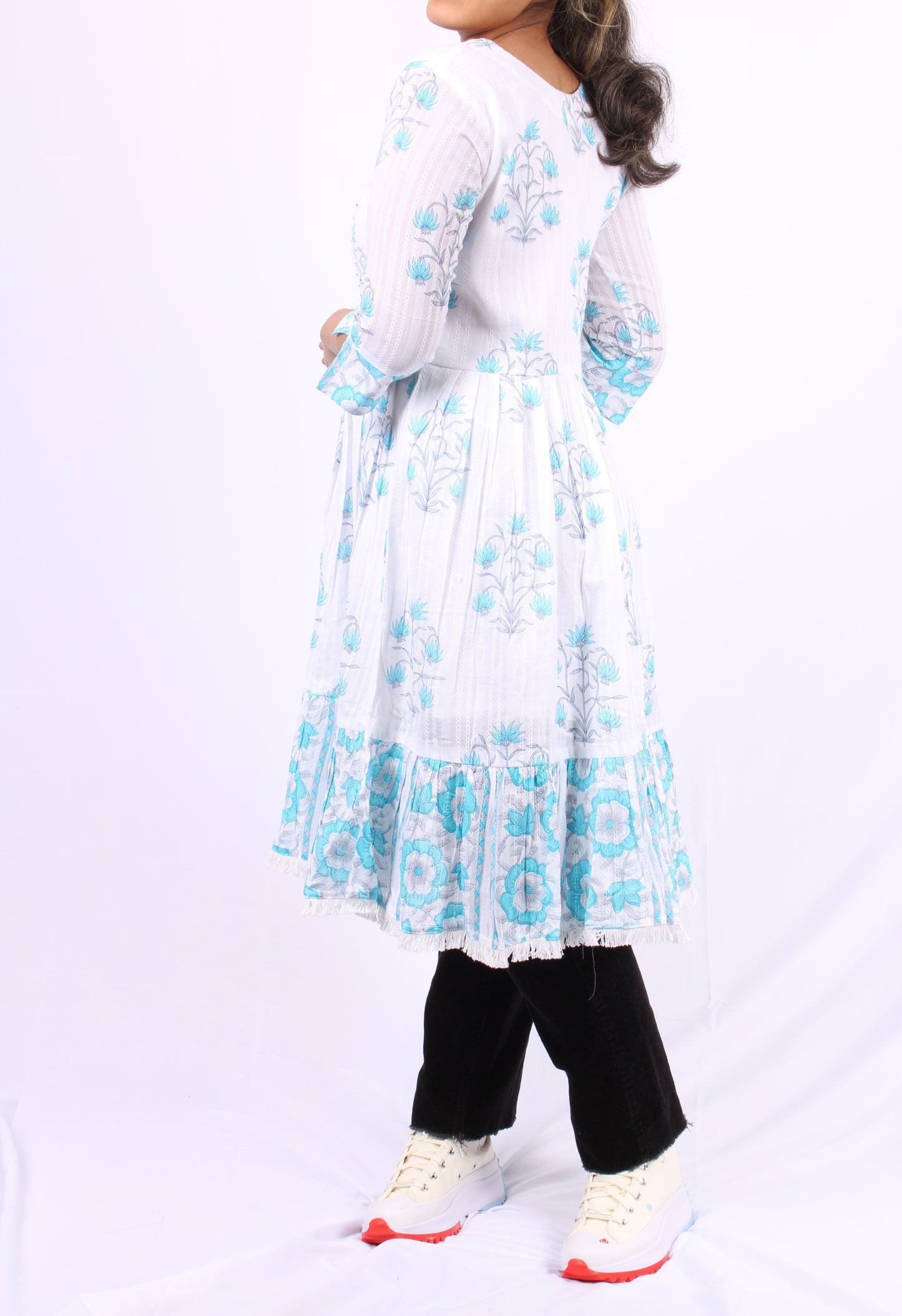 48-Kurti - Thread Embroidery around neck - Light Blue Floral Print.