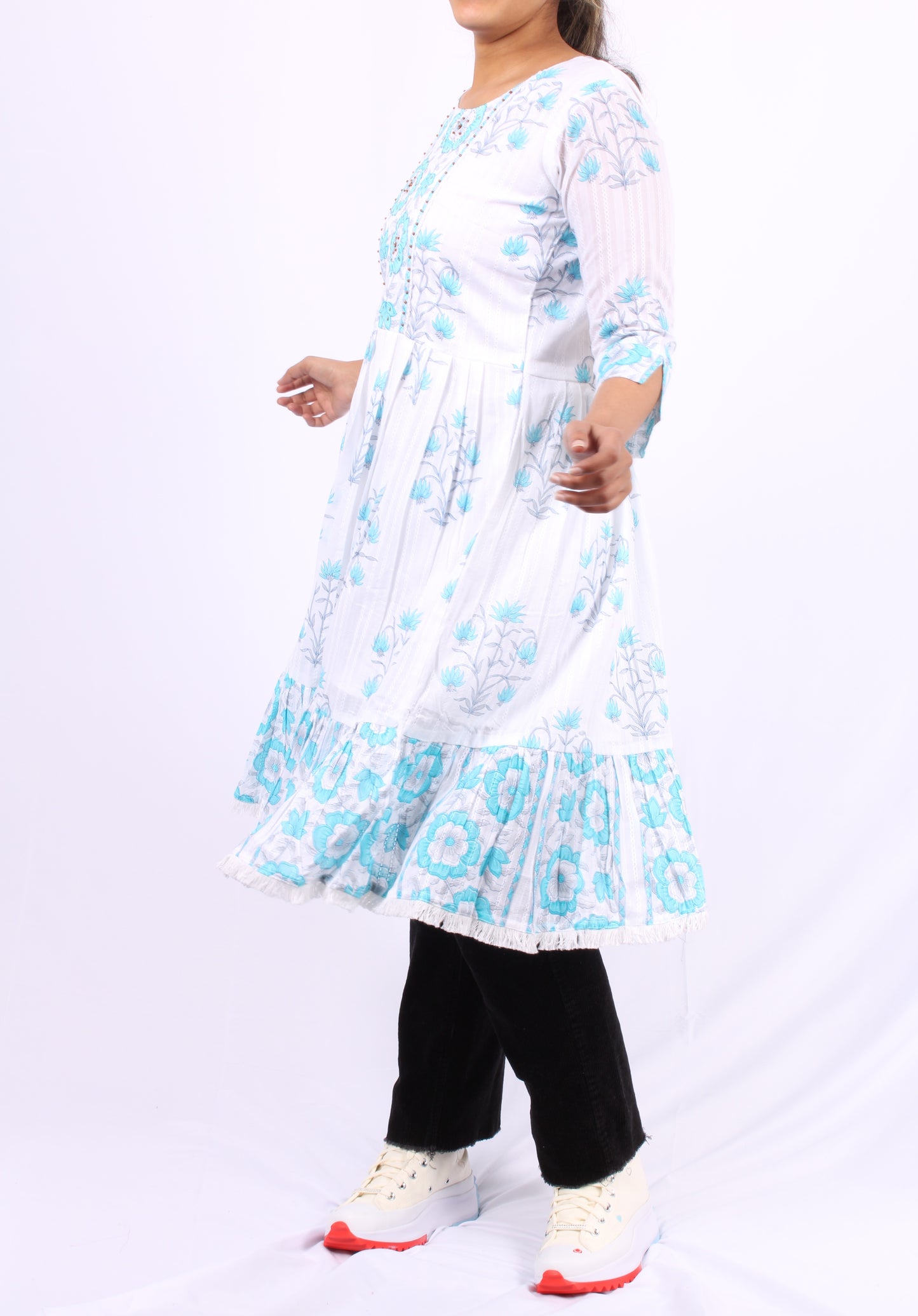48-Kurti - Thread Embroidery around neck - Light Blue Floral Print.