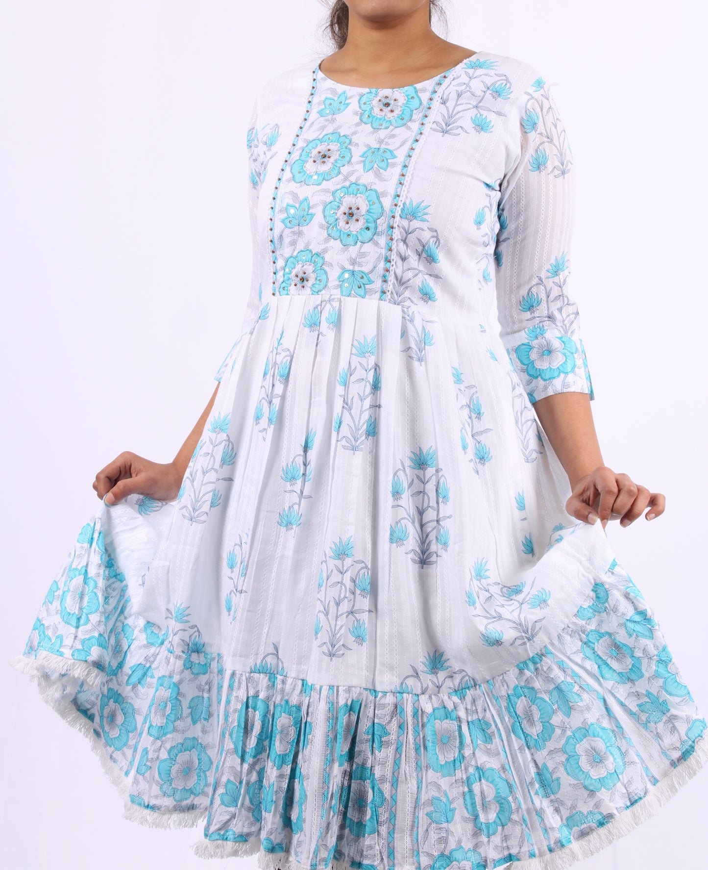 48-Kurti - Thread Embroidery around neck - Light Blue Floral Print.