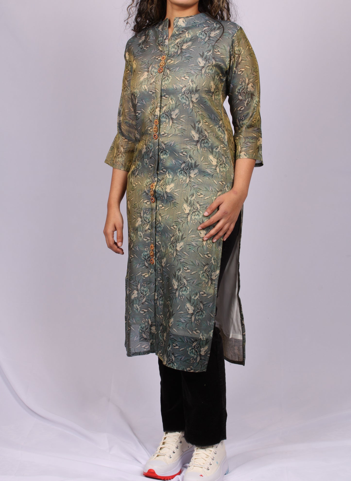 147-Kurti - Green Floral with White Flower print.