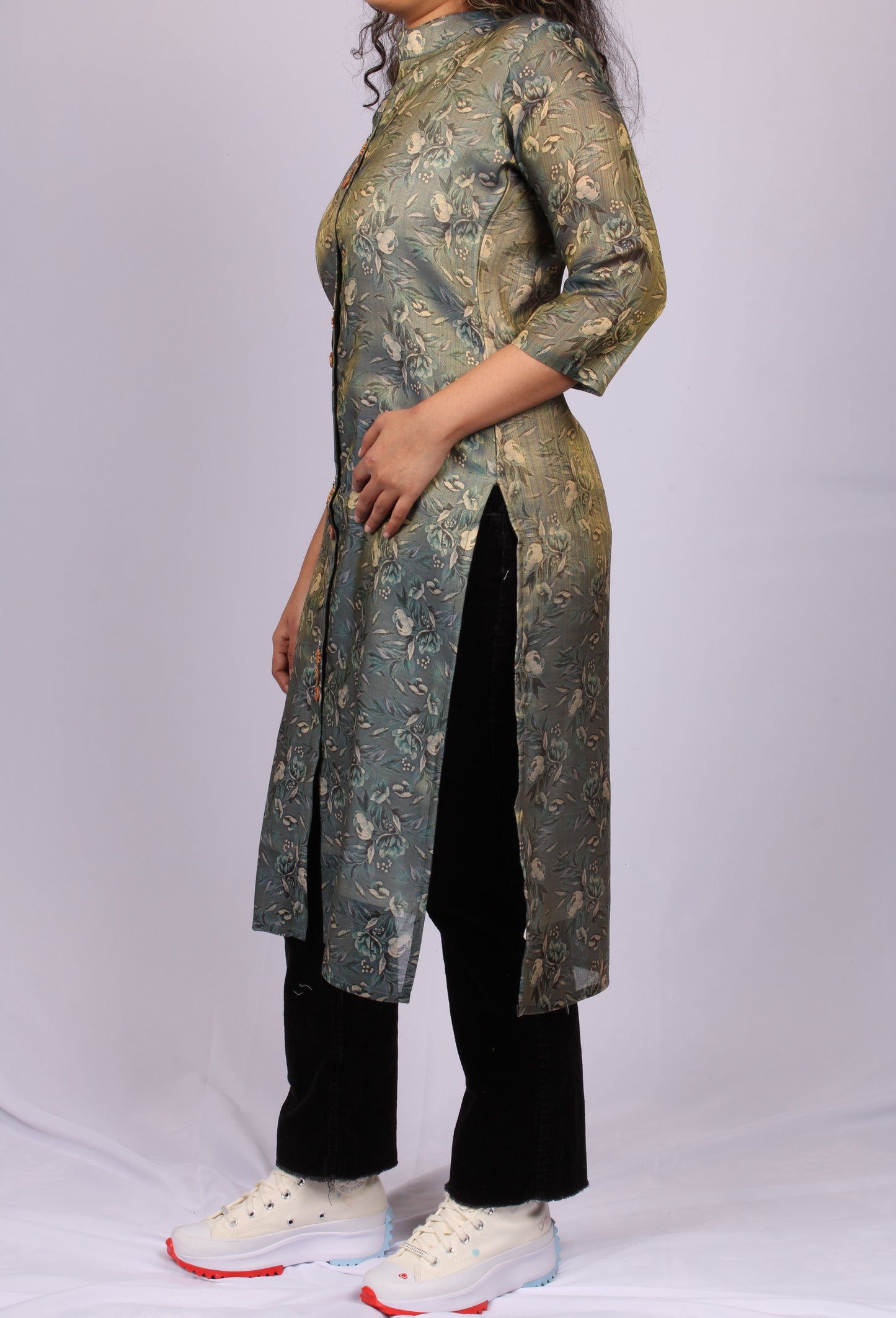 147-Kurti - Green Floral with White Flower print.