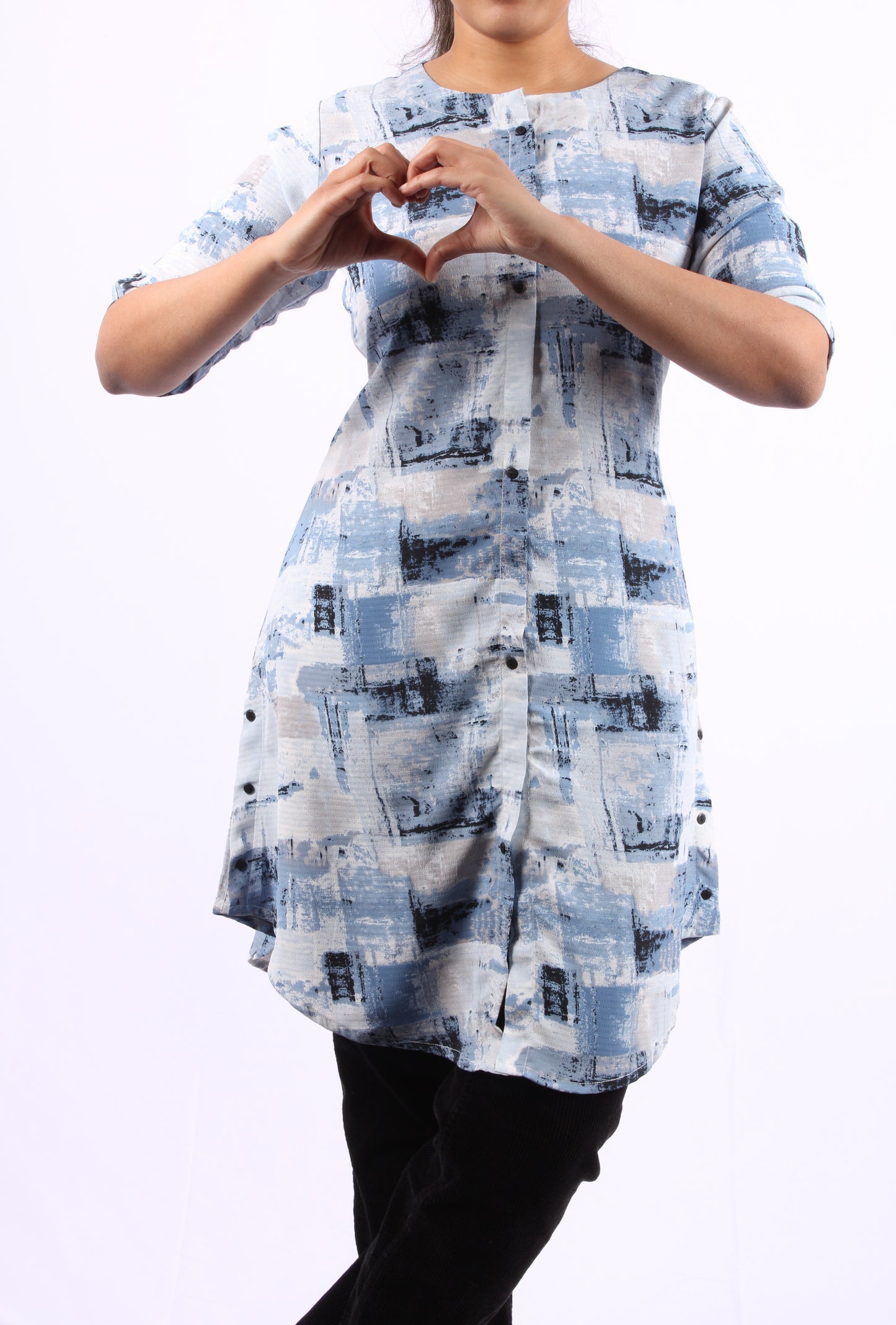 43-Kurti - Shades of blue White & black abstract print.