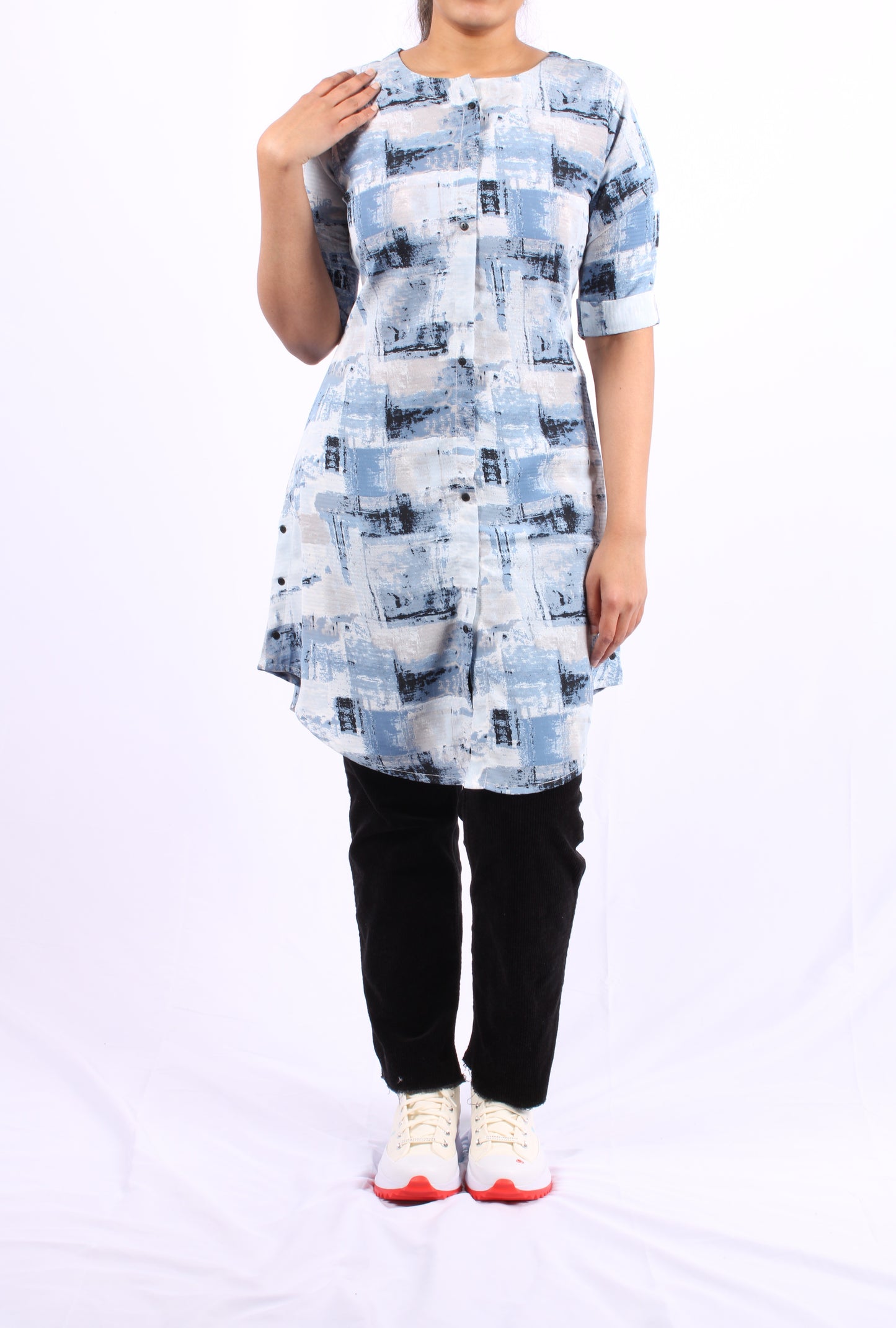 43-Kurti - Shades of blue White & black abstract print.