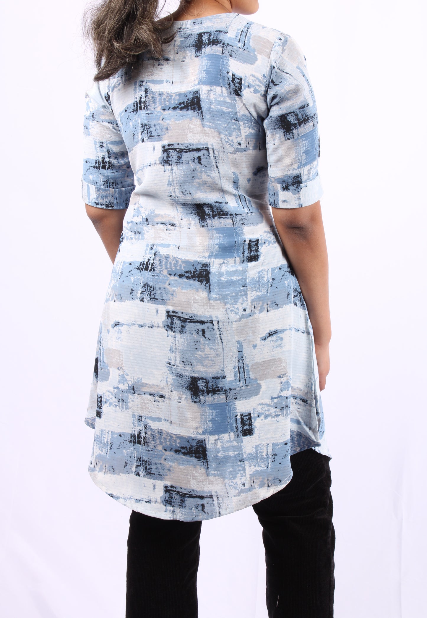 43-Kurti - Shades of blue White & black abstract print.