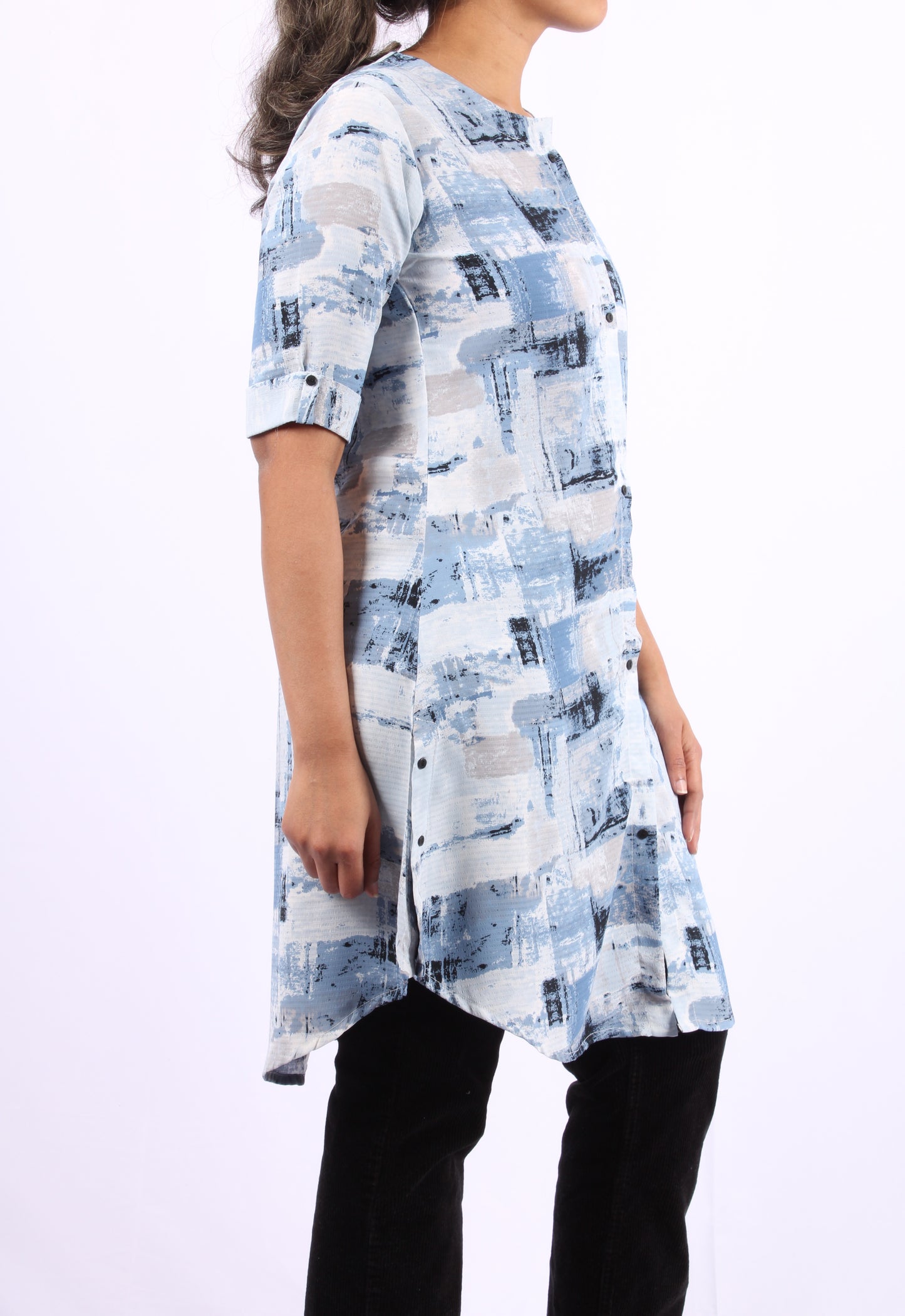 43-Kurti - Shades of blue White & black abstract print.