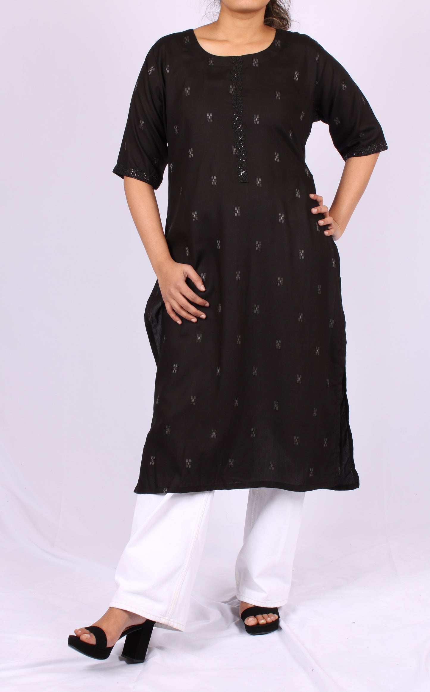 161-Kurti - Subtle Embroidery with off White Print Blocks.