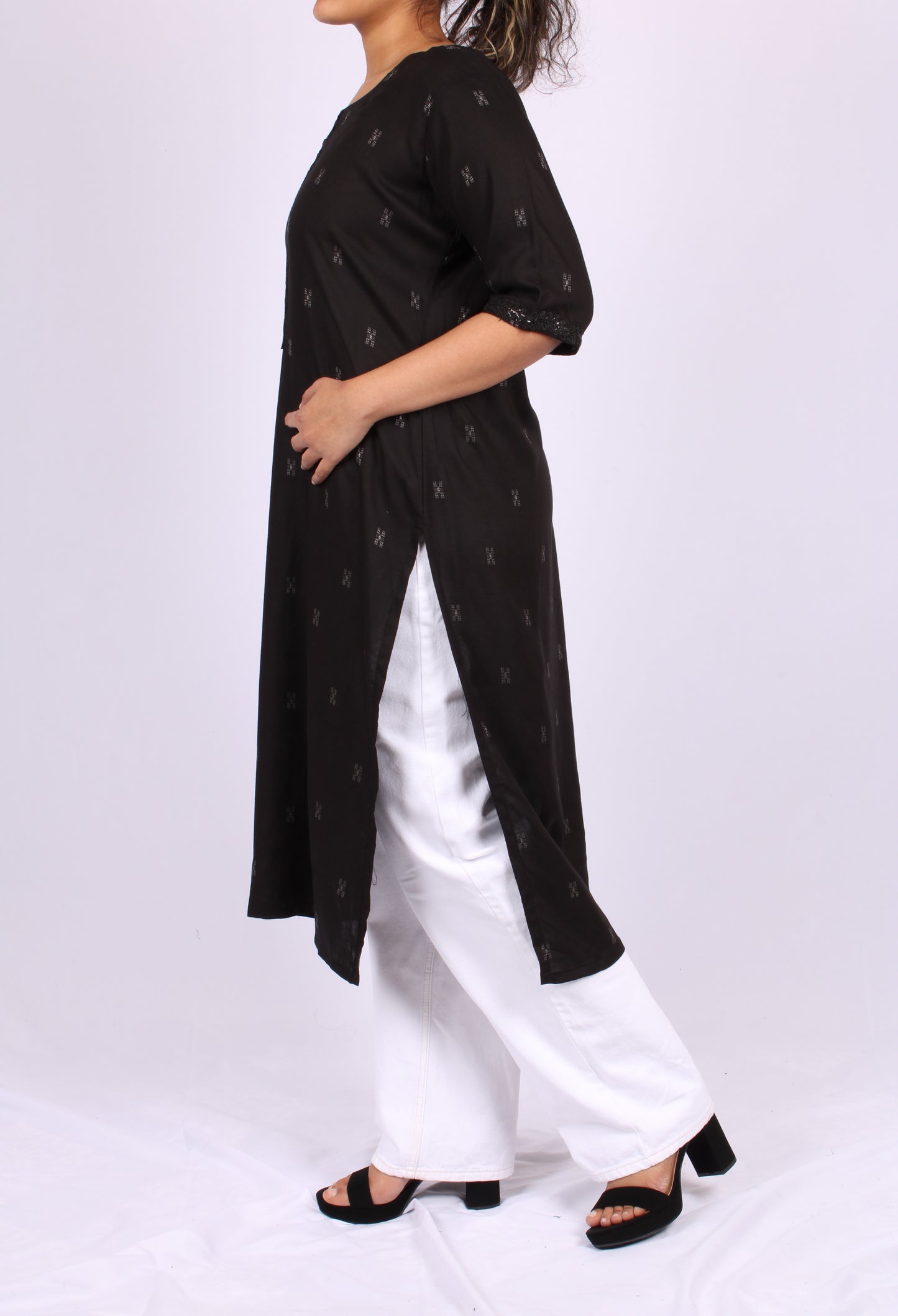 161-Kurti - Subtle Embroidery with off White Print Blocks.