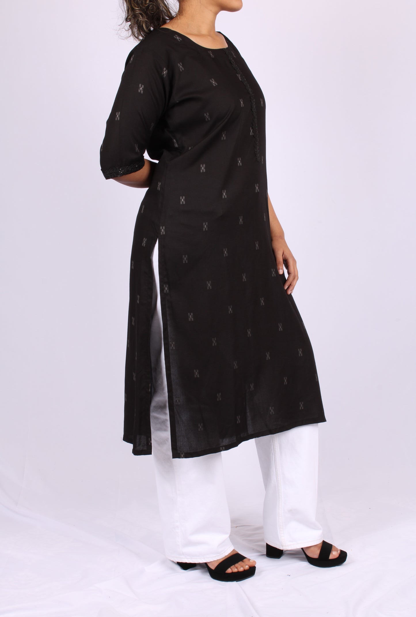161-Kurti - Subtle Embroidery with off White Print Blocks.