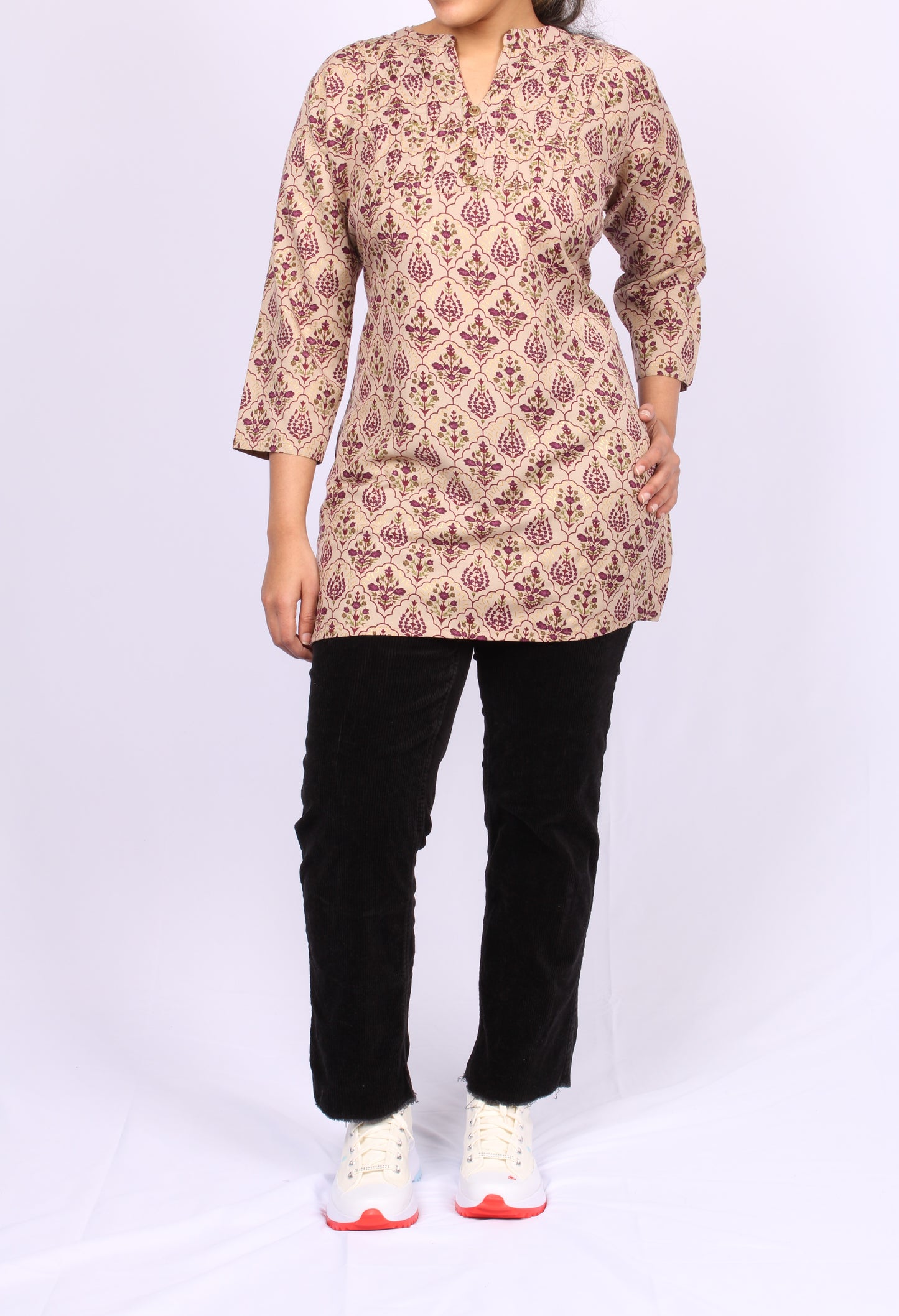 206-T- Beige Floral Print top- V-Neck