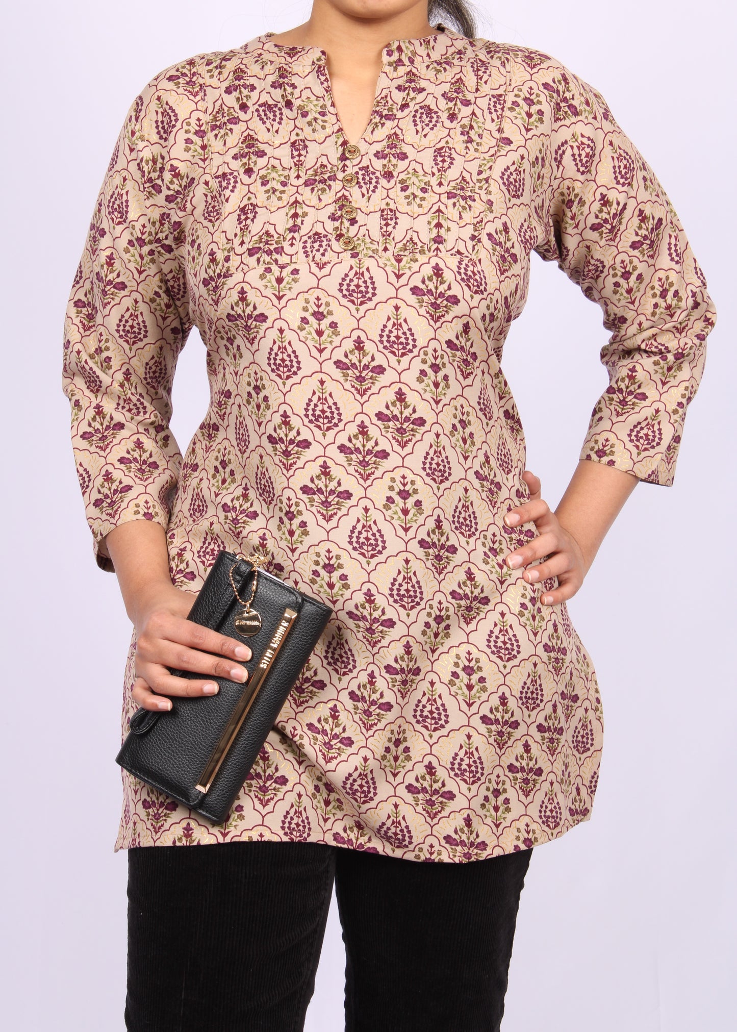 206-T- Beige Floral Print top- V-Neck
