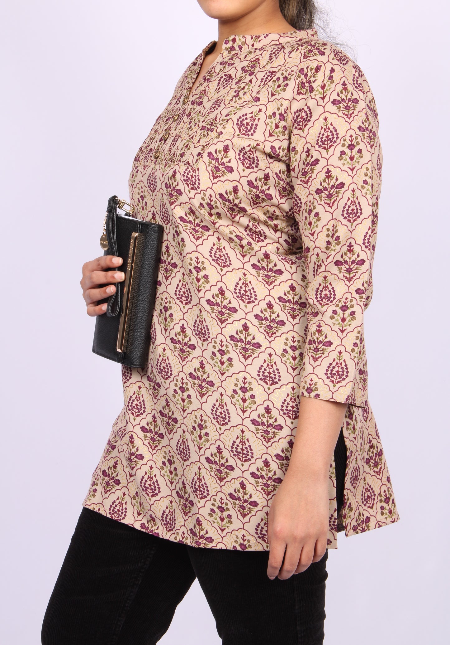 206-T- Beige Floral Print top- V-Neck