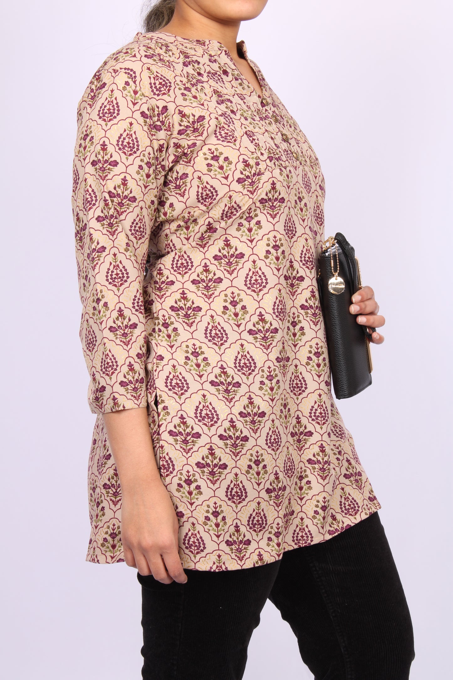 206-T- Beige Floral Print top- V-Neck