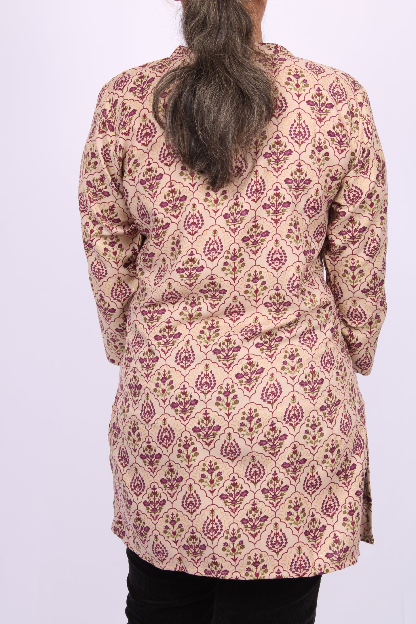 206-T- Beige Floral Print top- V-Neck