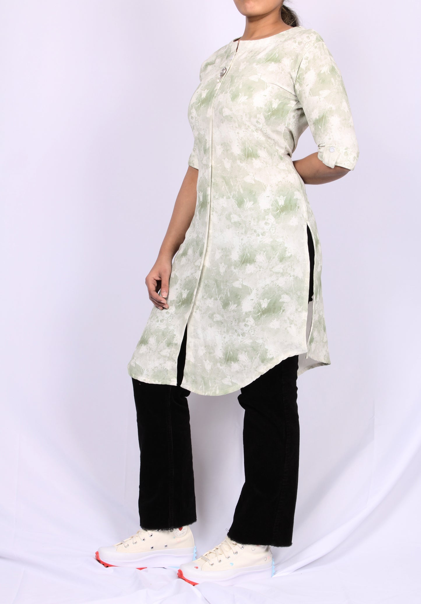 26-Kurti - Medium Green Floral Half Sleeve Kurti.