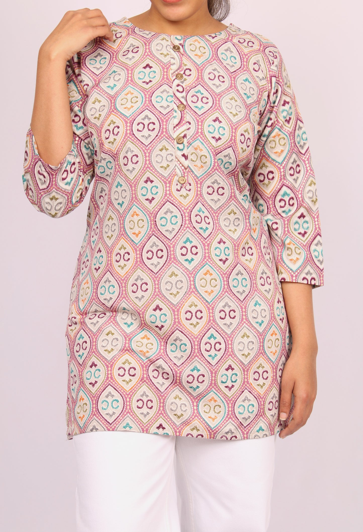 77-T- Womens Printed top- Thread work - Round Neck