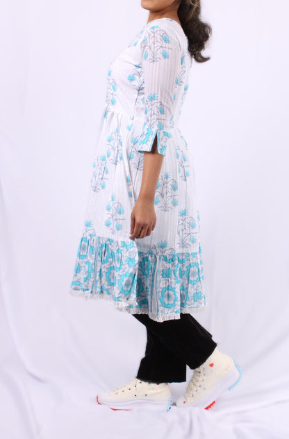 48-Kurti - Thread Embroidery around neck - Light Blue Floral Print.