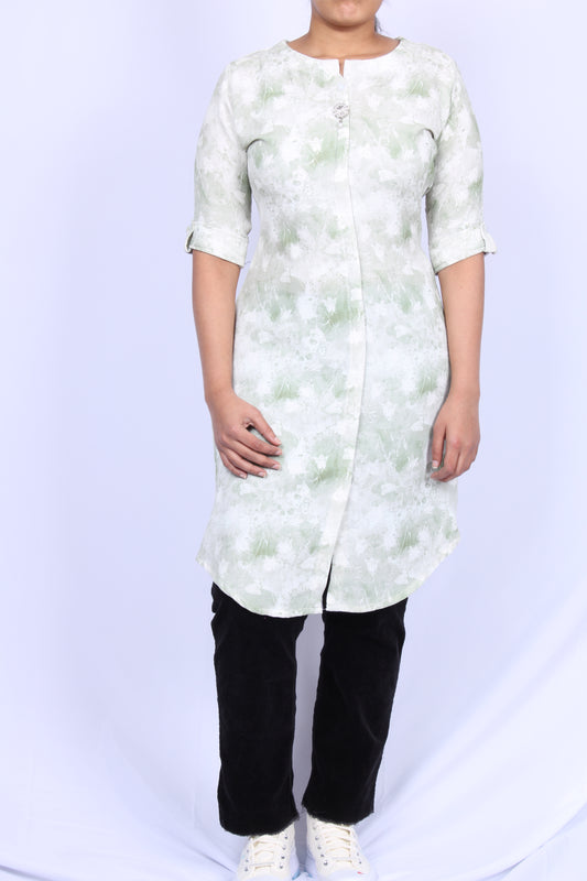 26-Kurti - Medium Green Floral Half Sleeve Kurti.