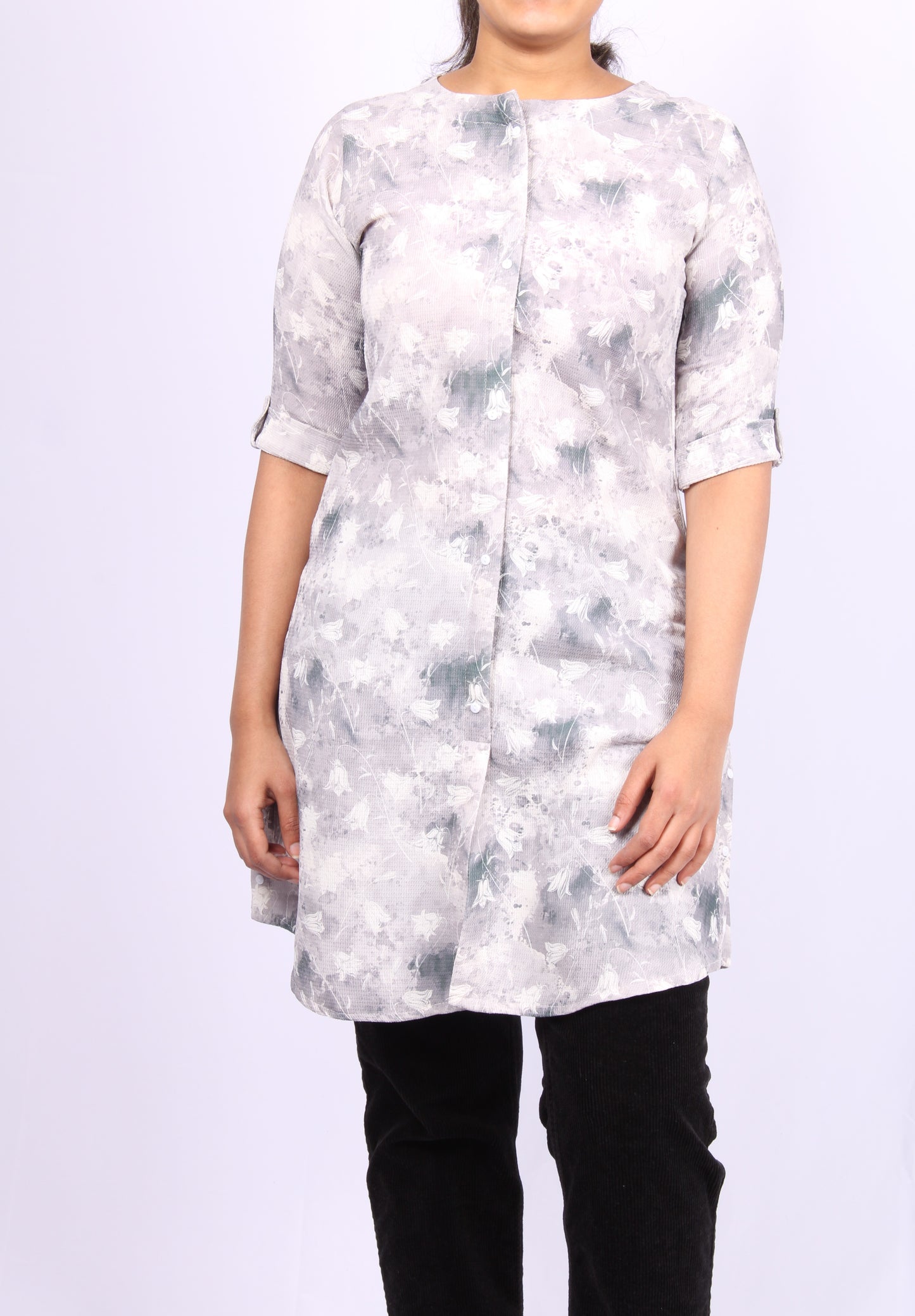 82-Kurti/Top - evening Grey Floral print.
