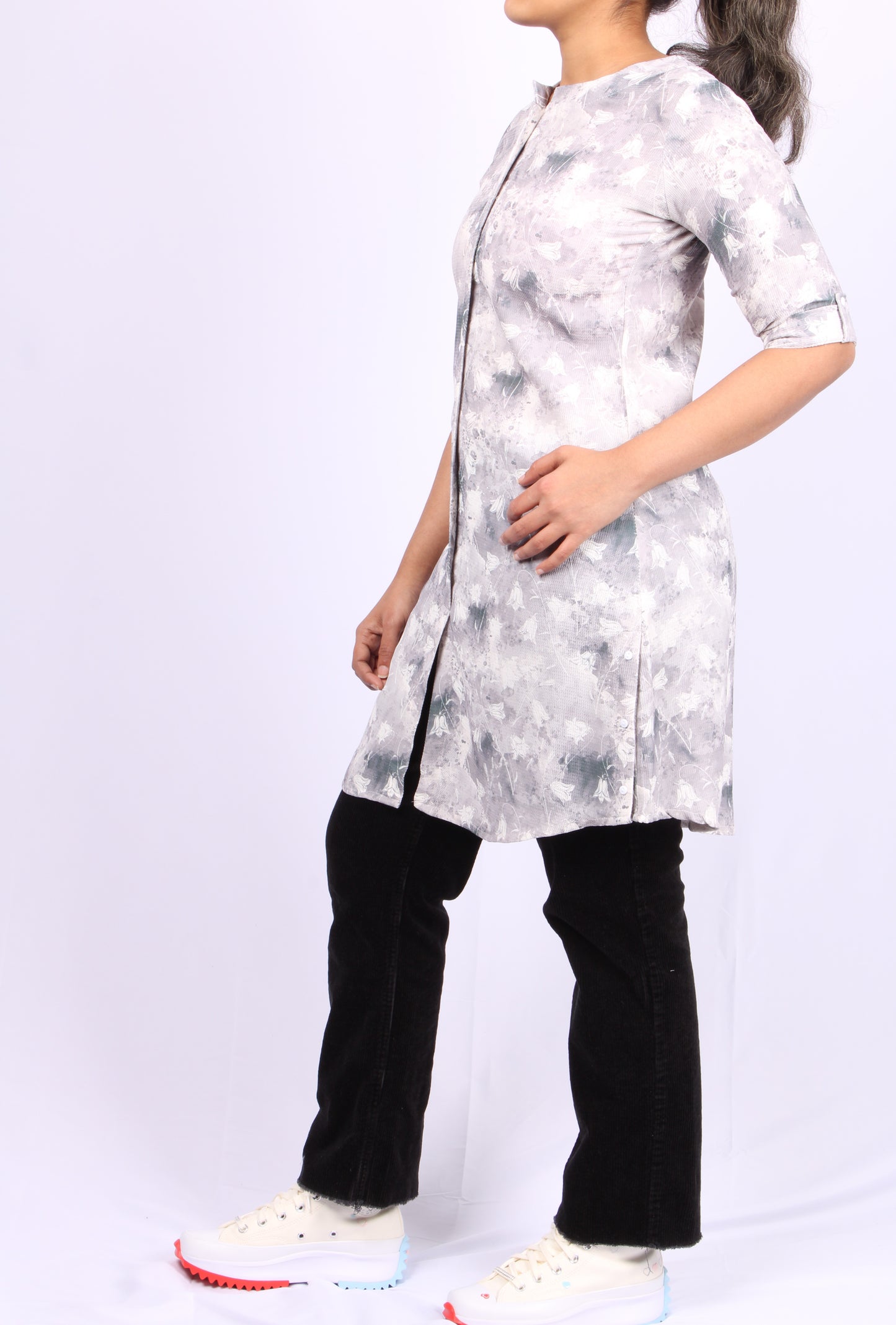 82-Kurti/Top - evening Grey Floral print.