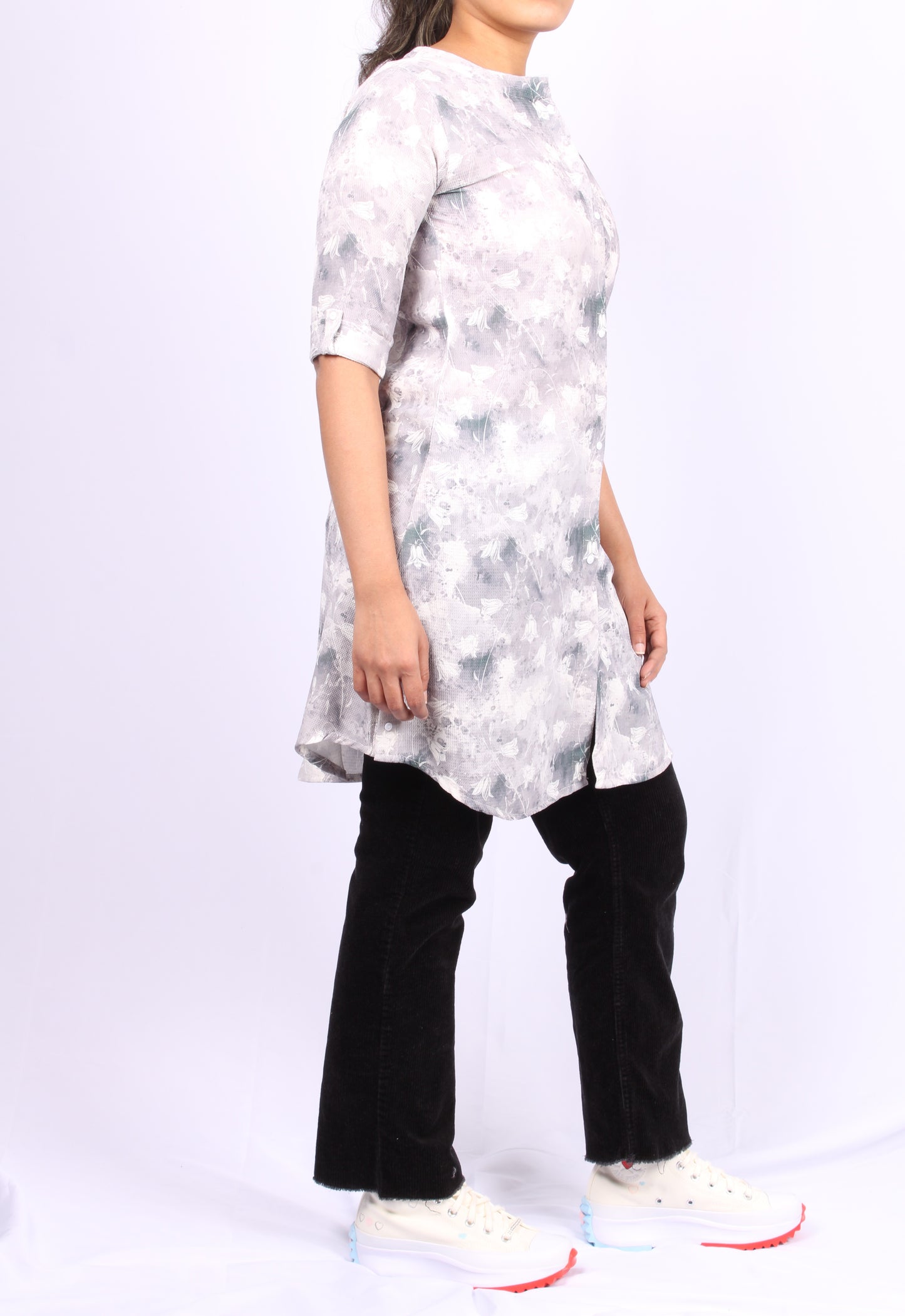 82-Kurti/Top - evening Grey Floral print.