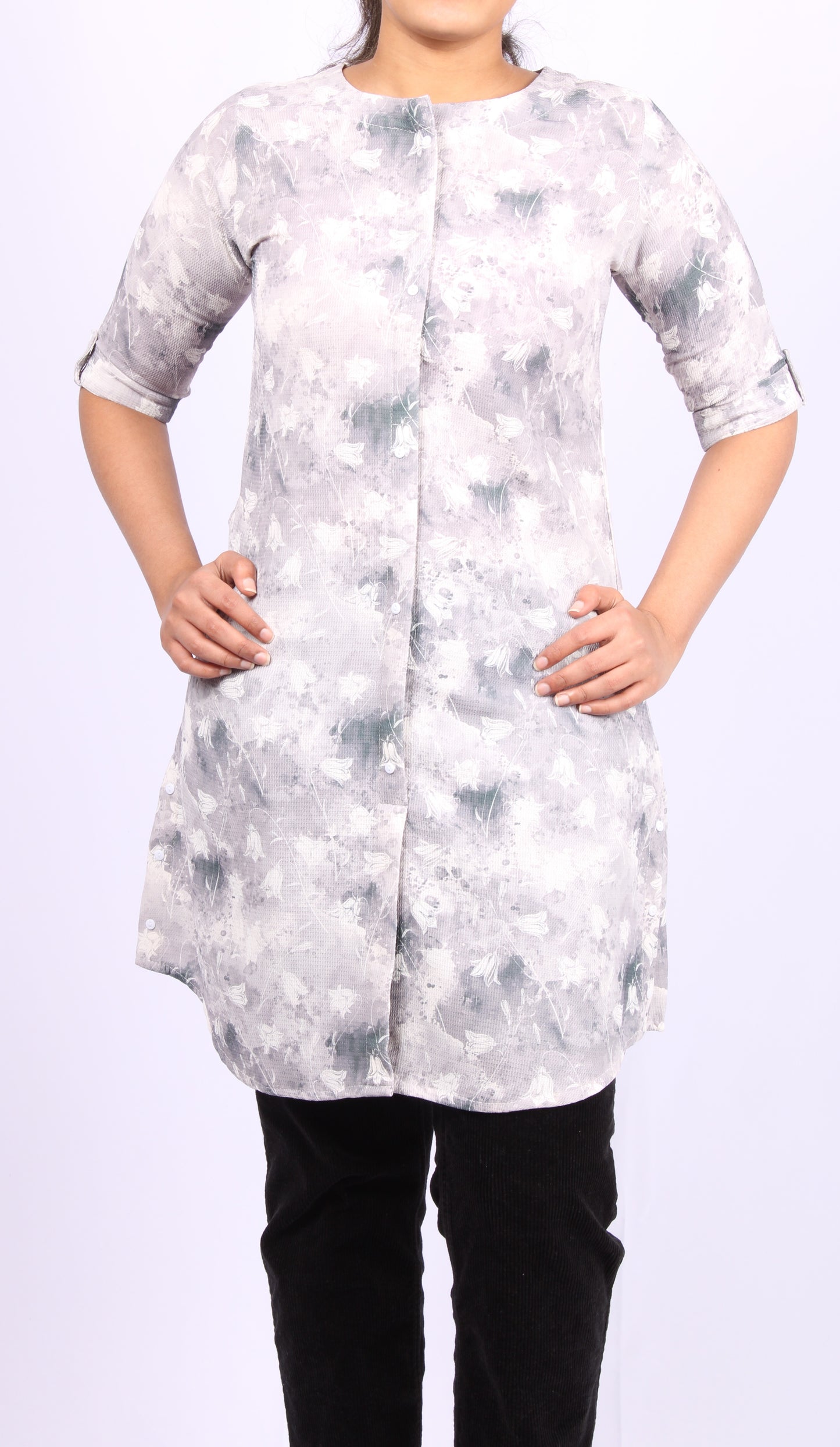 82-Kurti/Top - evening Grey Floral print.