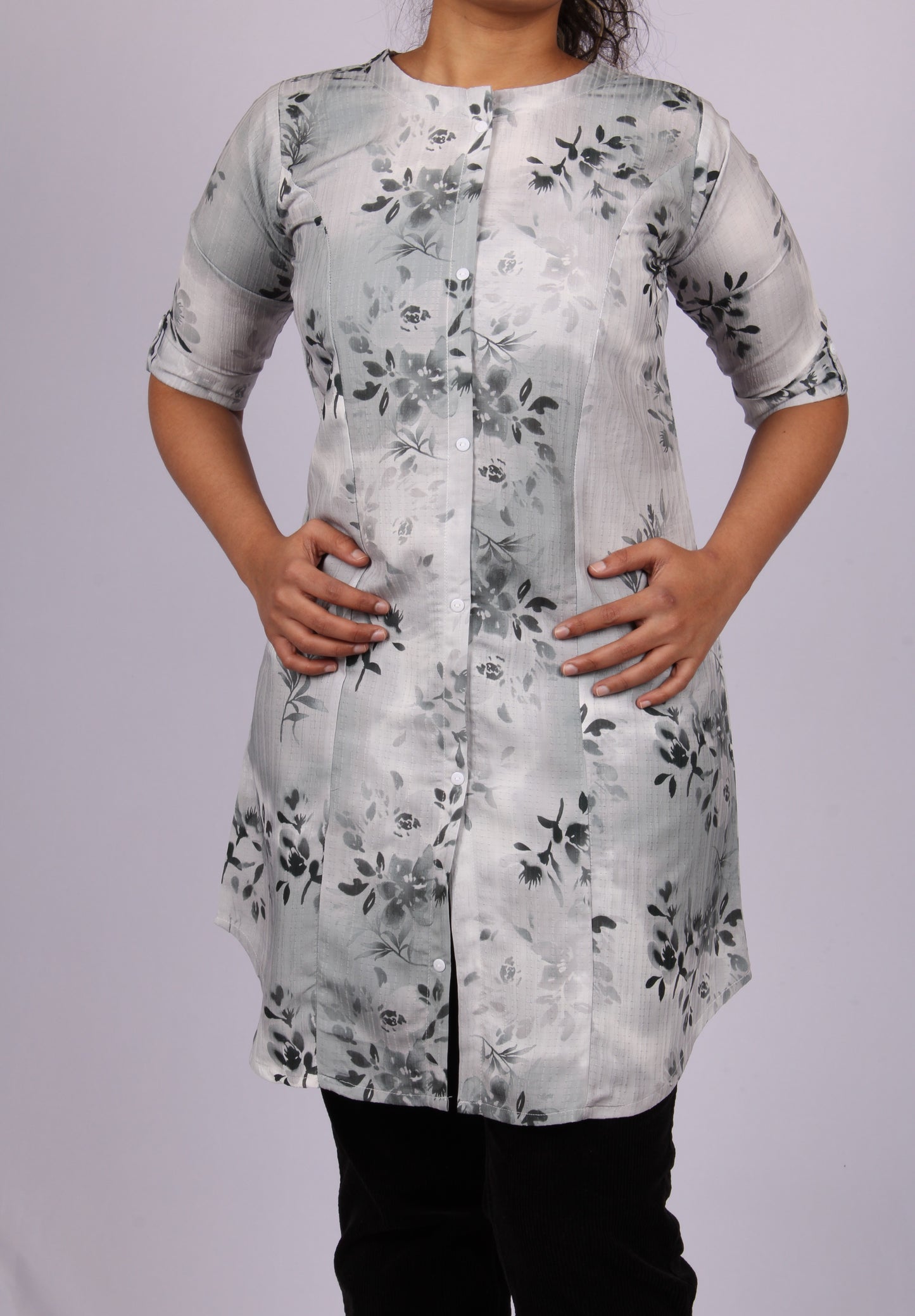 43A-Kurti - Women's Neoprene Grey Floral Print