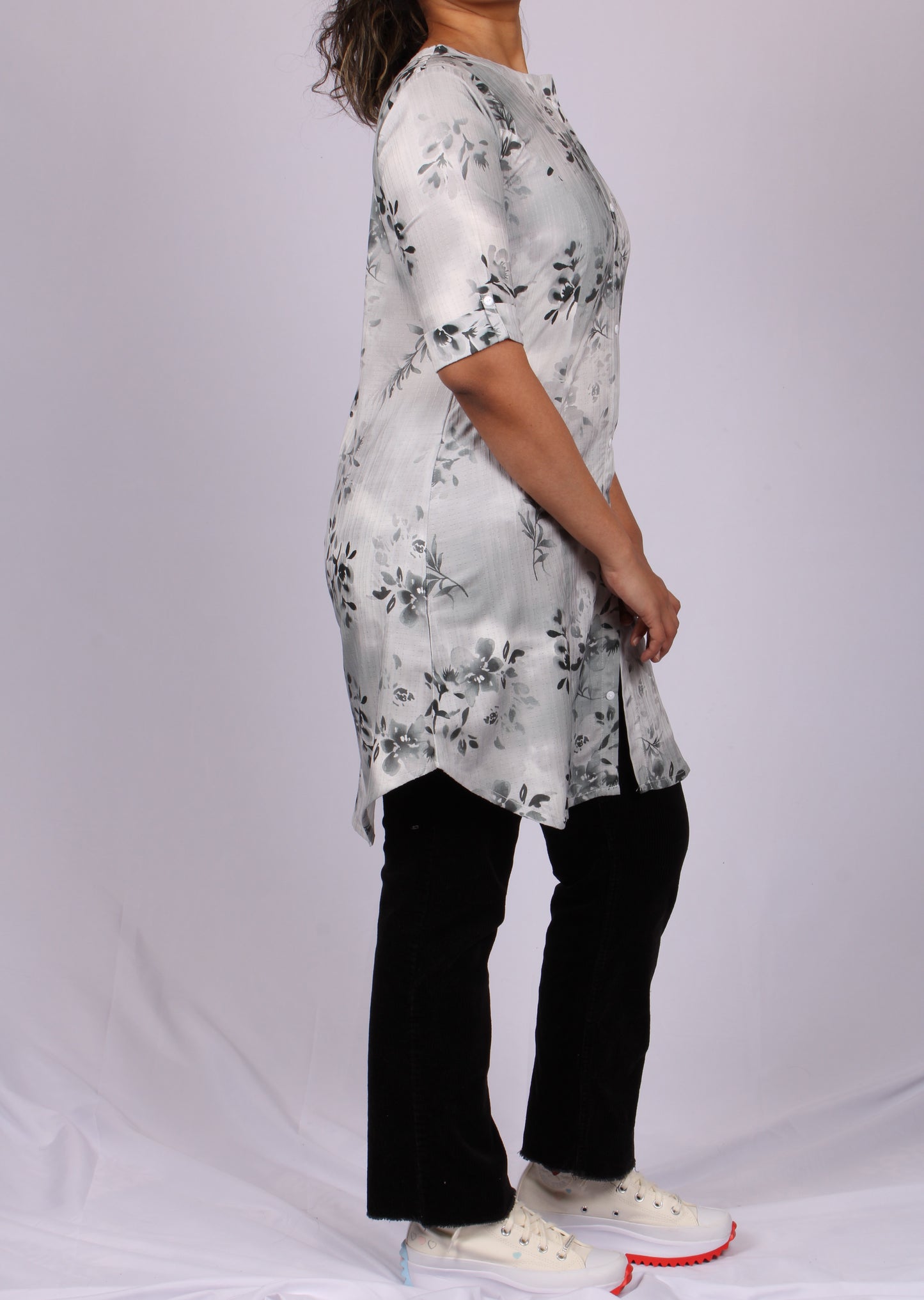 43A-Kurti - Women's Neoprene Grey Floral Print