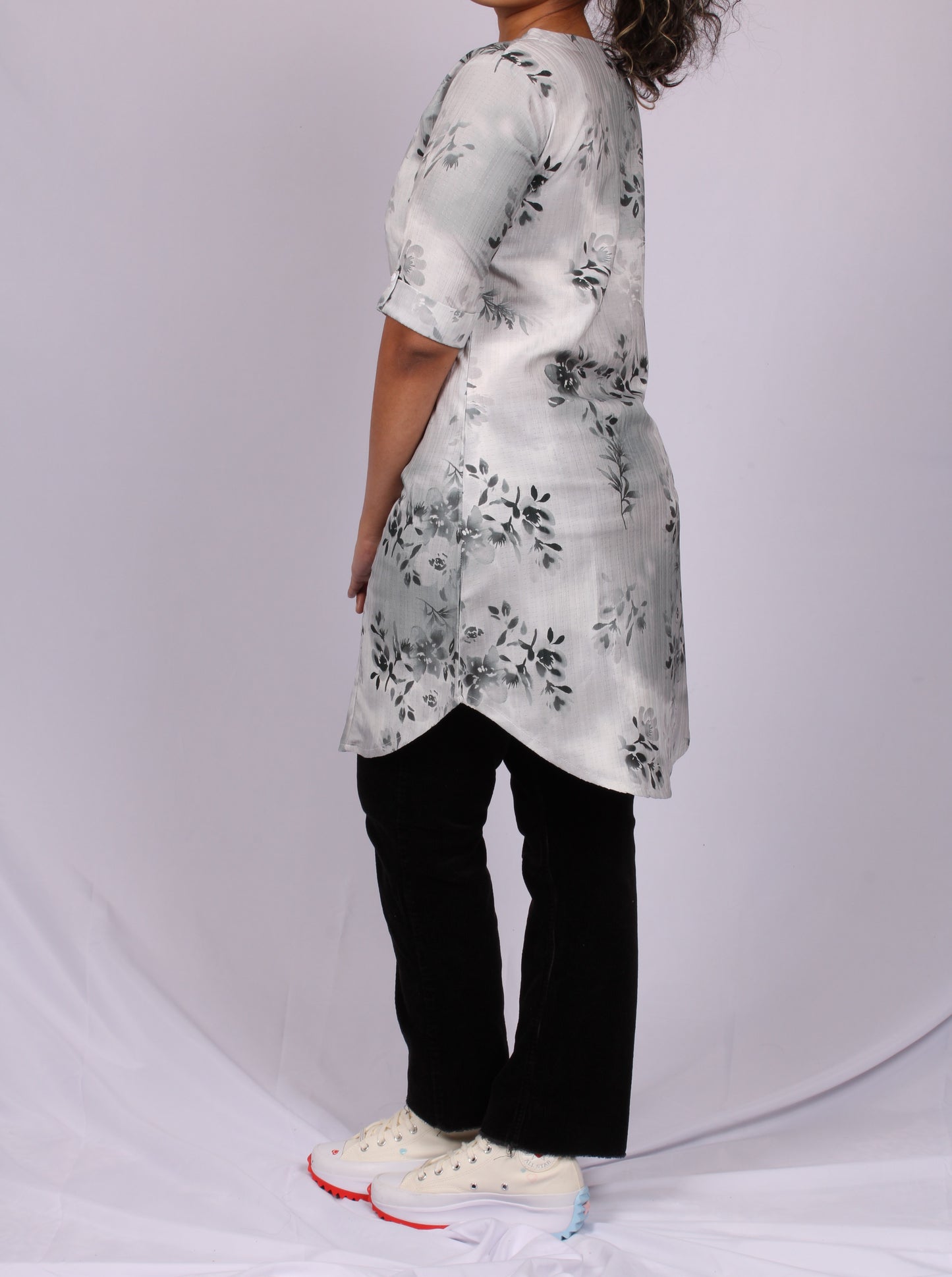 43A-Kurti - Women's Neoprene Grey Floral Print