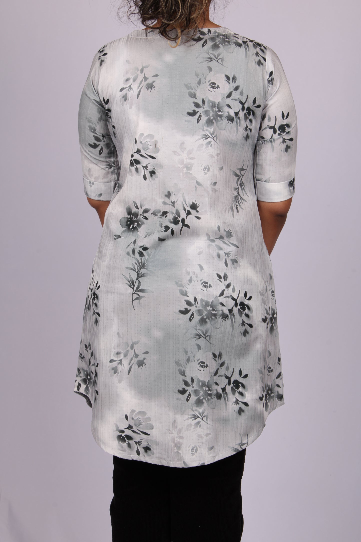 43A-Kurti - Women's Neoprene Grey Floral Print