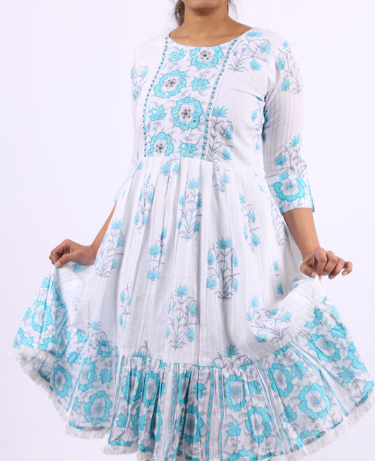 48-Kurti - Thread Embroidery around neck - Light Blue Floral Print.