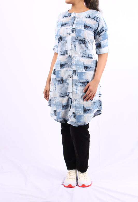43-Kurti - Shades of blue White & black abstract print.