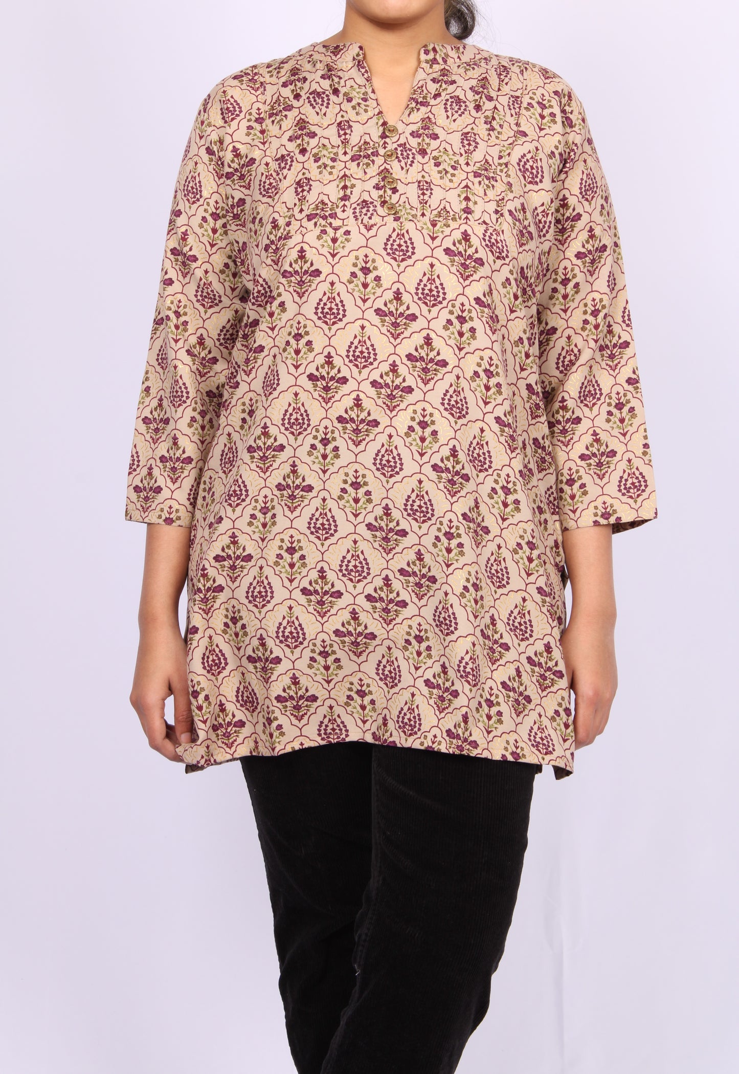 206-T- Beige Floral Print top- V-Neck