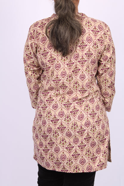 206-T- Beige Floral Print top- V-Neck