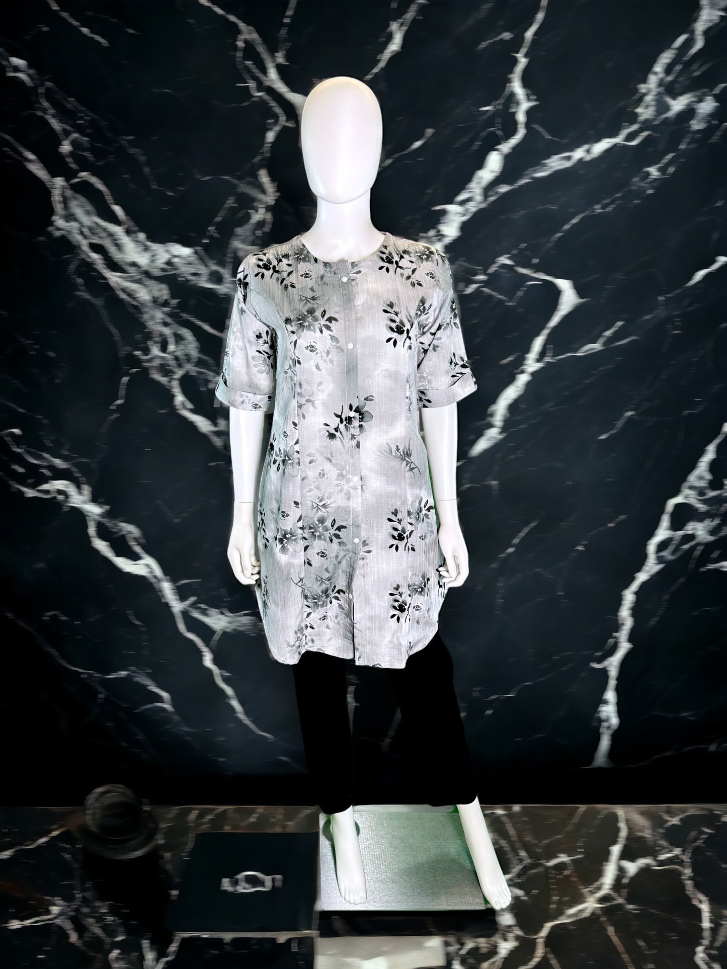 43A-Kurti - Women's Neoprene Grey Floral Print